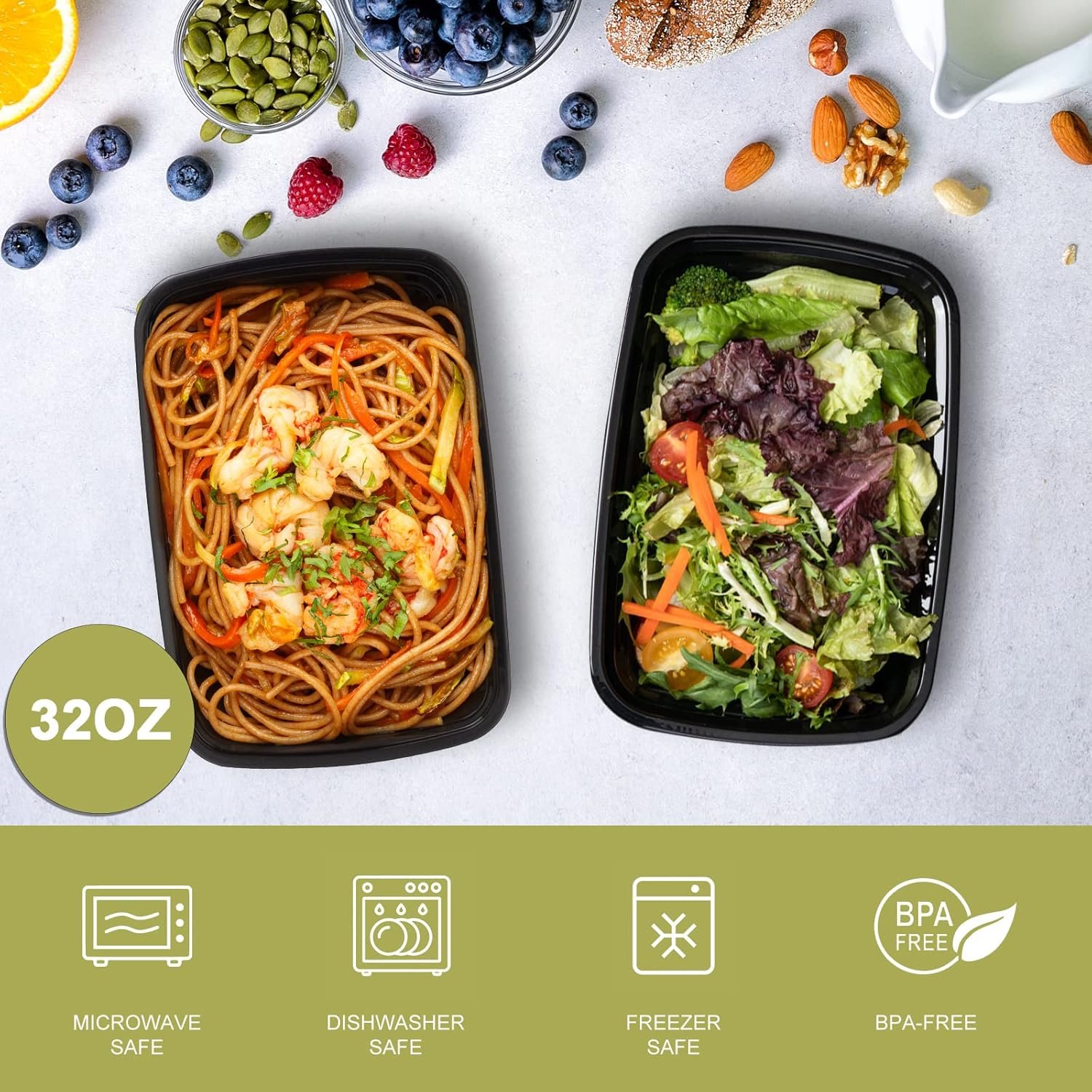 Logo Personalizado - Contenedores de Comida para Preparar Comidas 32oz, Recipientes de Plástico Reutilizables, A Prueba de Fugas con Tapa, Sin BPA, Aptos para Microondas/Lavavajillas/Freezer, Proveedor Fábrica.