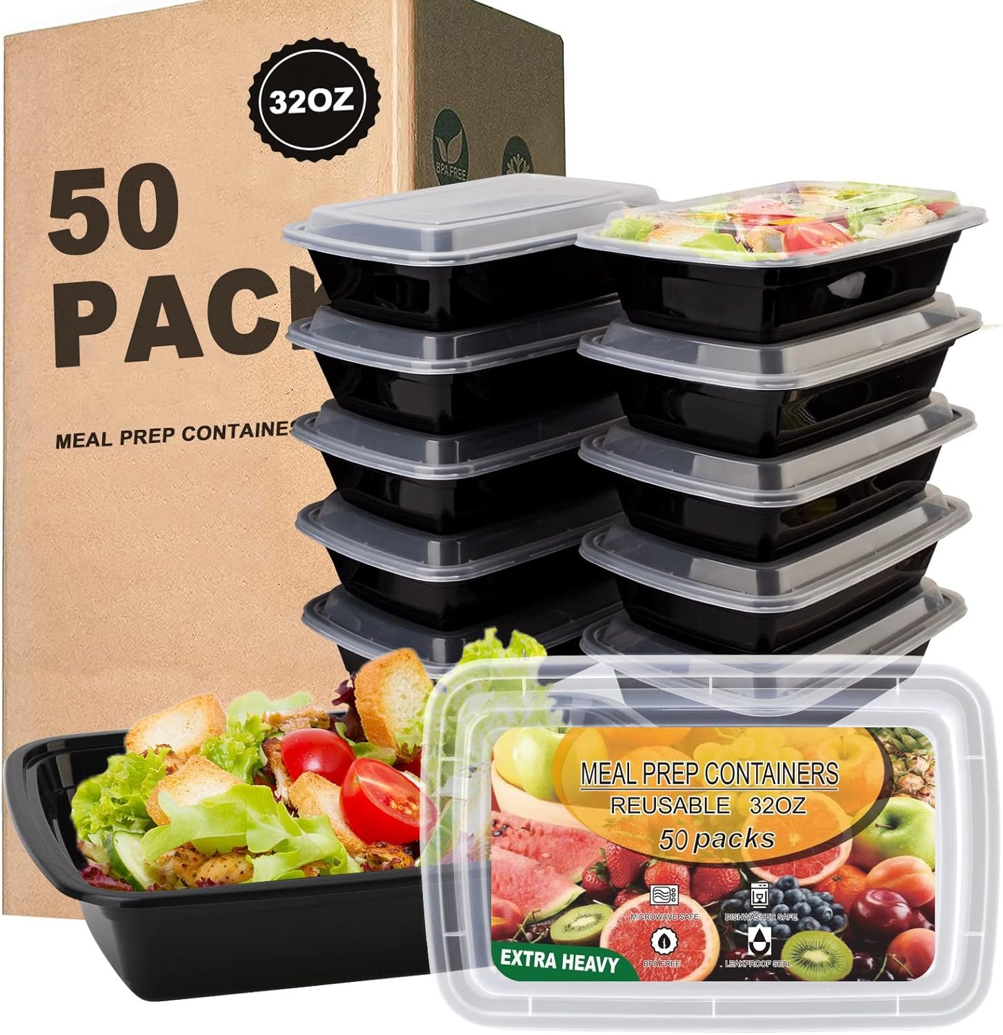 Logo Personalizado - Contenedores de Comida para Preparar Comidas 32oz, Recipientes de Plástico Reutilizables, A Prueba de Fugas con Tapa, Sin BPA, Aptos para Microondas/Lavavajillas/Freezer, Proveedor Fábrica.