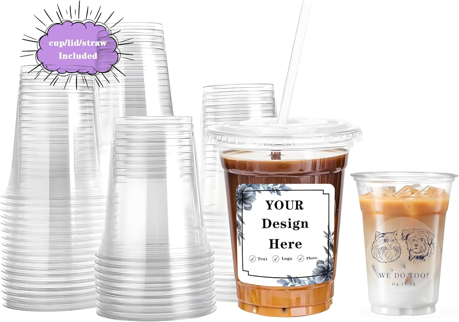 Tazas Plásticas Transparentes de 12oz con Etiquetas Personalizadas para Iced Coffee y Bebidas Frías, Set de Vasos Desechables con Logo Personalizado, Proveedor de Marca Blanca.