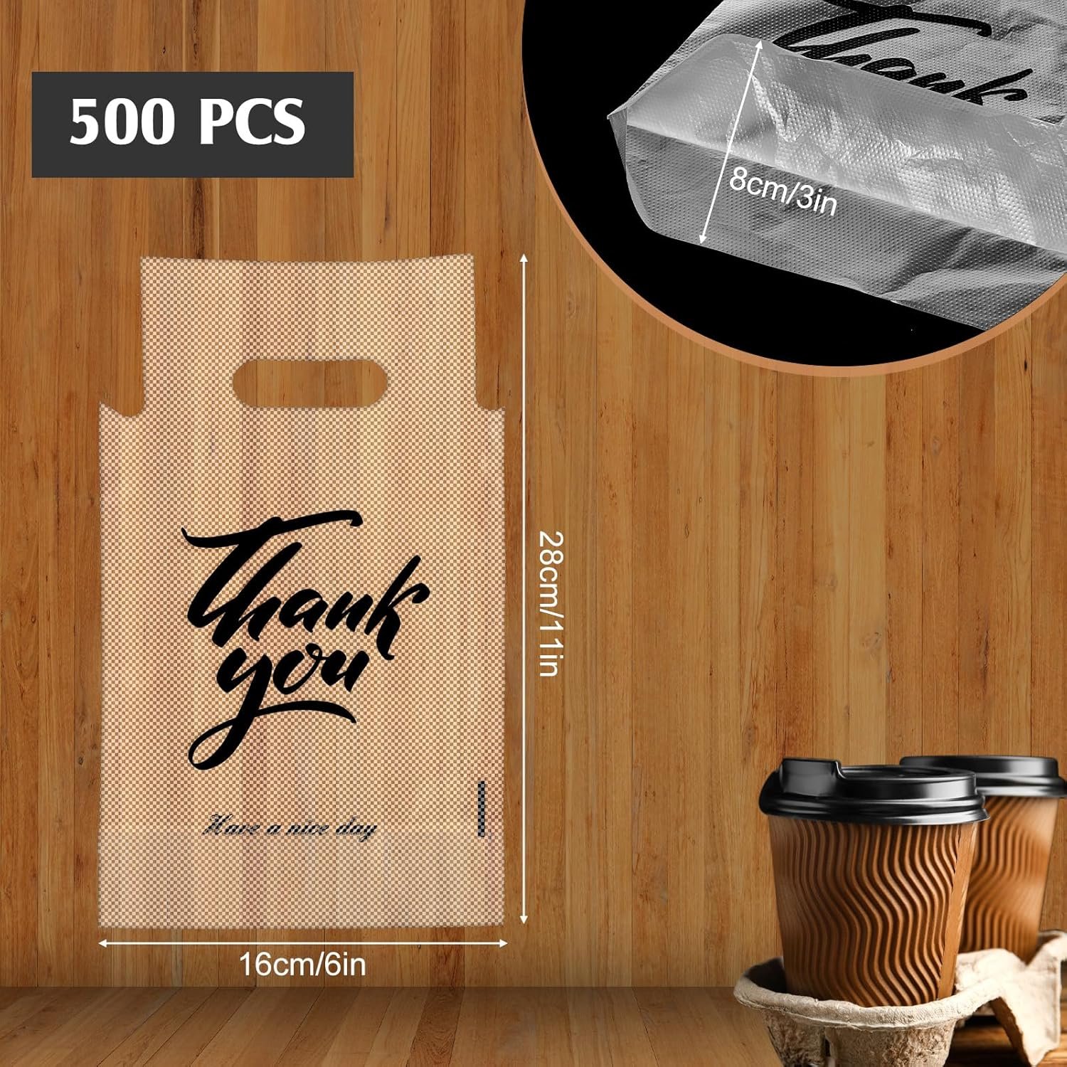 Porta Bebidas Transparente para Entrega de 500 Piezas con Mango y Bolsas de Bebidas de Agradecimiento, Marca Blanca para Cafeterías, Restaurantes, Pastelerías y Bares, Proveedor.