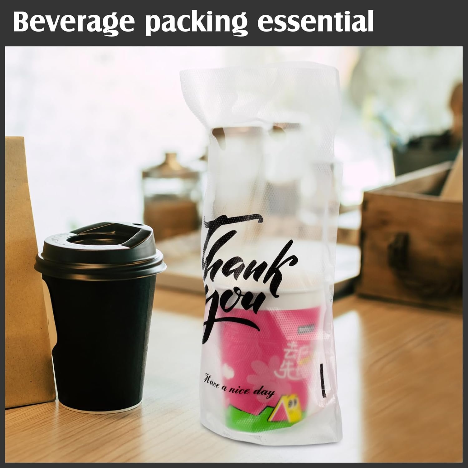 Porta Bebidas Transparente para Entrega de 500 Piezas con Mango y Bolsas de Bebidas de Agradecimiento, Marca Blanca para Cafeterías, Restaurantes, Pastelerías y Bares, Proveedor.