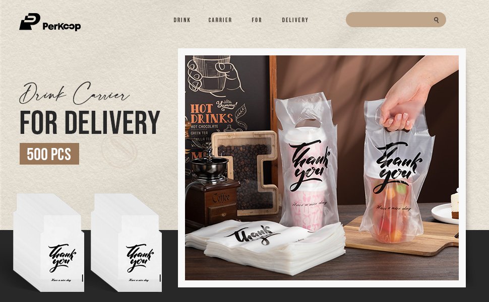 Porta Bebidas Transparente para Entrega de 500 Piezas con Mango y Bolsas de Bebidas de Agradecimiento, Marca Blanca para Cafeterías, Restaurantes, Pastelerías y Bares, Proveedor.