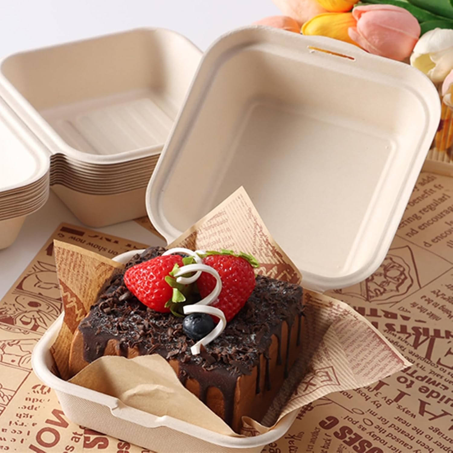 Containers desechables de comida para llevar con logo personalizado, 150 unidades de 6 x 6 pulgadas, caja bento de bagazo segura para microondas y congelador, marca blanca para hamburguesas y papas fritas, proveedor confiable.