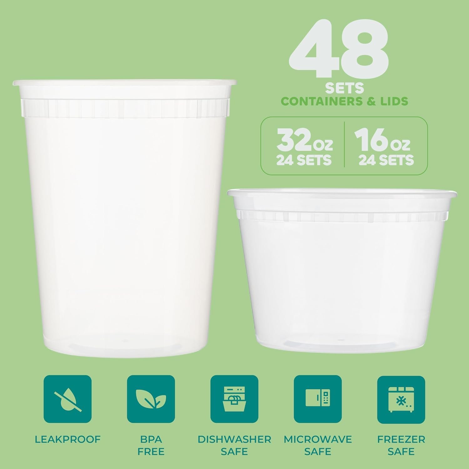 Contenedores de Almacenamiento de Comida Deli con Tapa - (48 Sets) 24-32 Oz Quart y 24-16 Oz Pint Tamaño Plástico Airtight para Comidas para Llevar, Sin BPA, Apto para Lavavajillas y Microondas - Marca Blanca de Proveedor