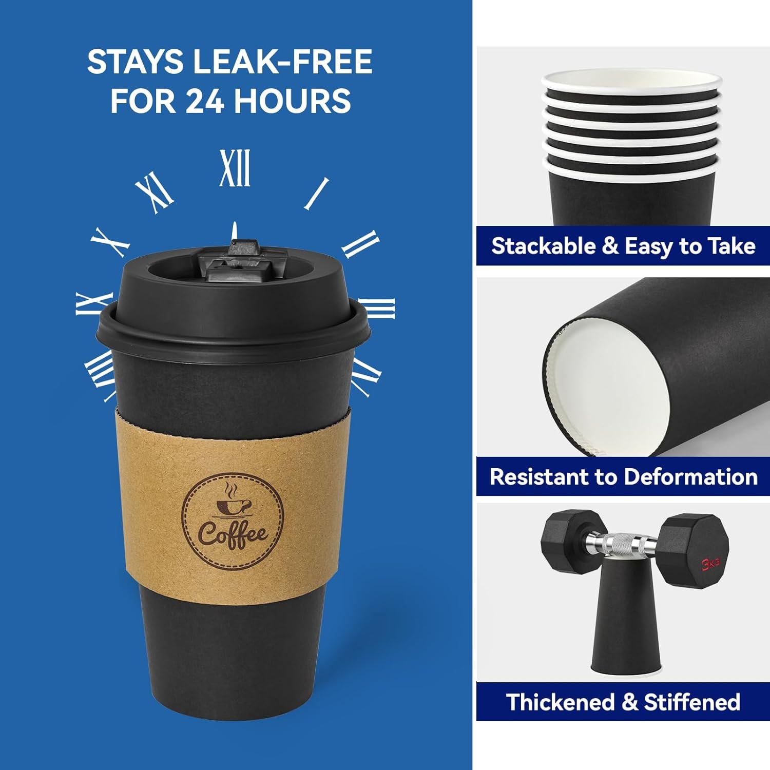 Tazas de café desechables de 16 oz 100 pack con logo personalizado, tazas negras de papel caliente con tapas, mangas y agitadores para todo tipo de bebidas, proveedor especializado.