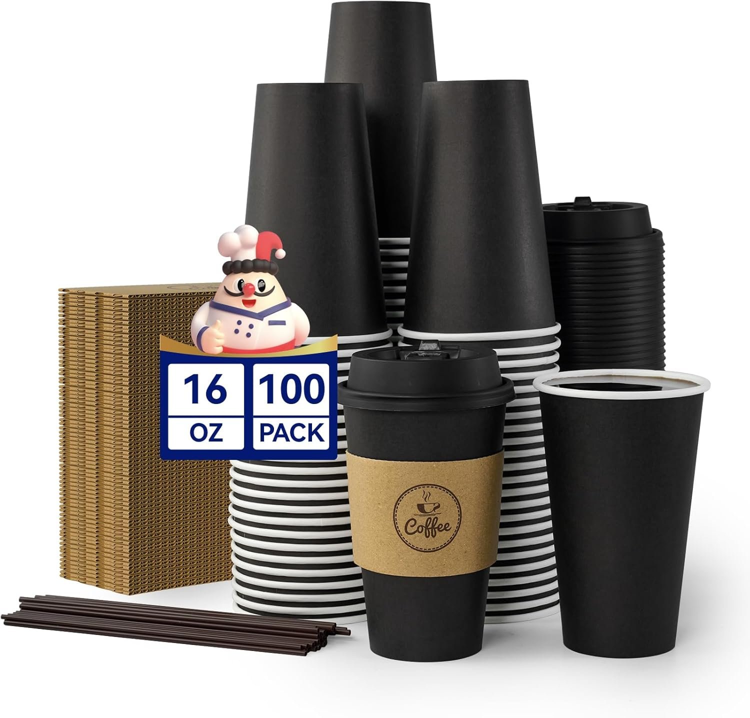 Tazas de café desechables de 16 oz 100 pack con logo personalizado, tazas negras de papel caliente con tapas, mangas y agitadores para todo tipo de bebidas, proveedor especializado.