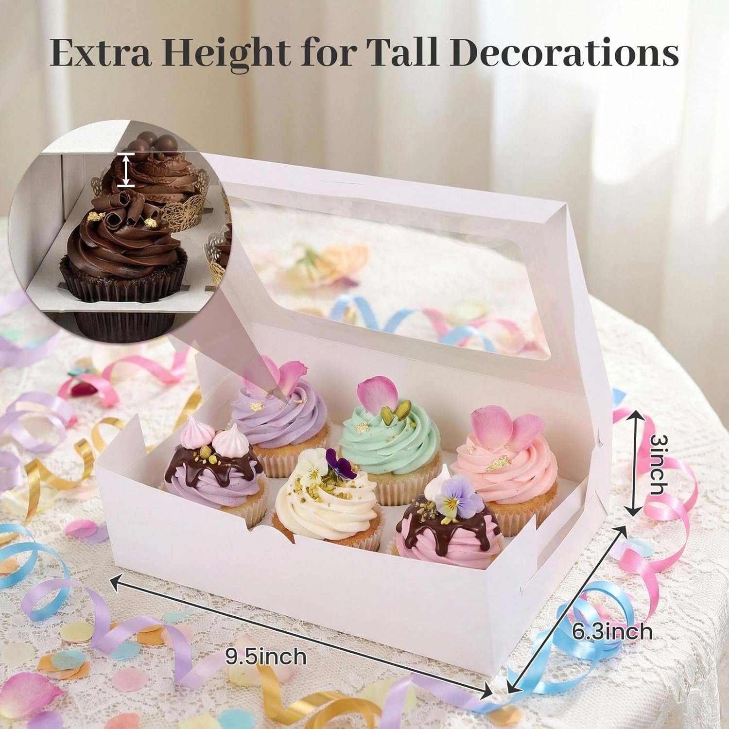 Cajas de Cupcakes Blancas de 6 Cuenta con Ventana, 6 Sets para Transportar 36 Dulces, Marca Blanca y Logo Personalizado, Proveedor de Suministros para Fiestas Cumpleaños.