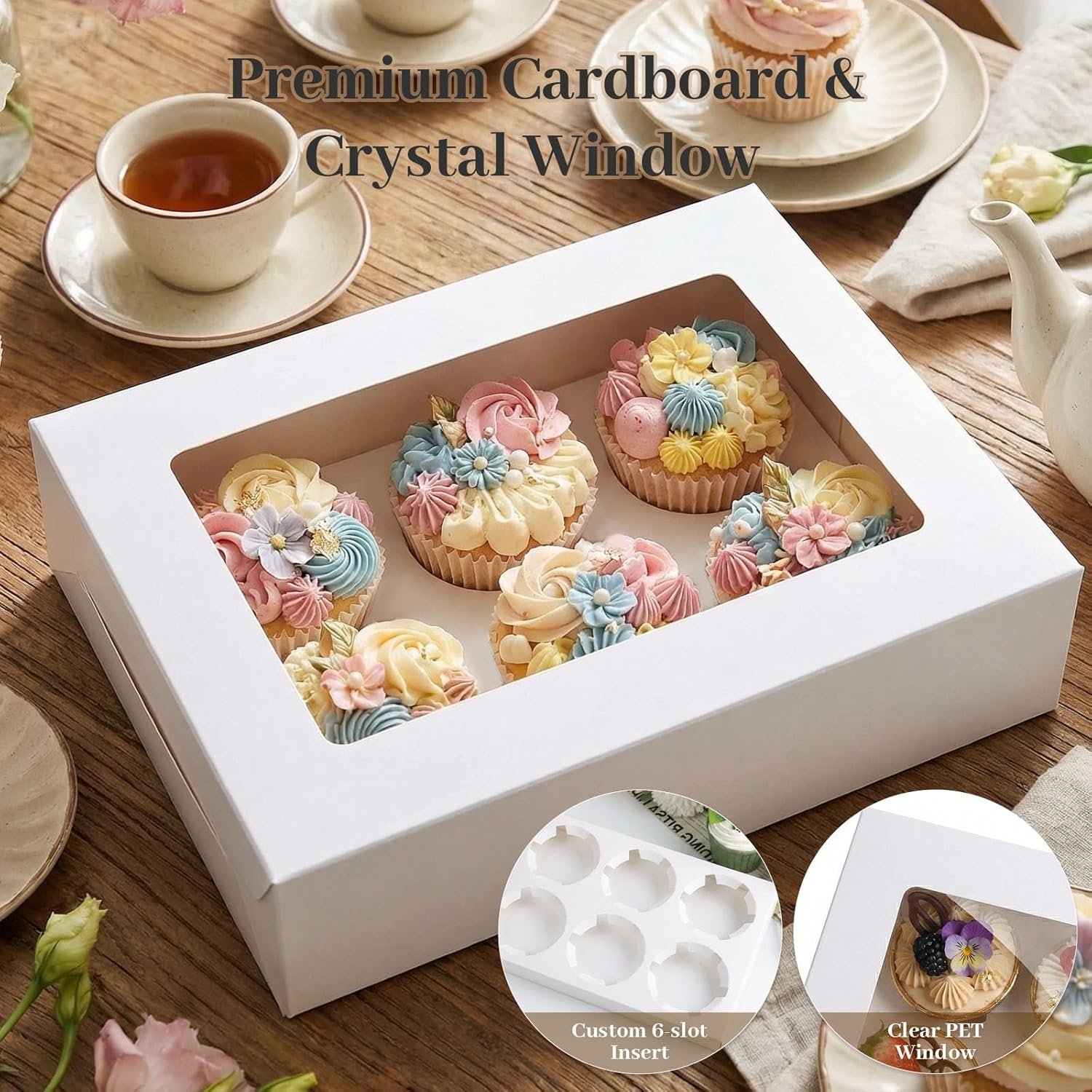 Cajas de Cupcakes Blancas de 6 Cuenta con Ventana, 6 Sets para Transportar 36 Dulces, Marca Blanca y Logo Personalizado, Proveedor de Suministros para Fiestas Cumpleaños.