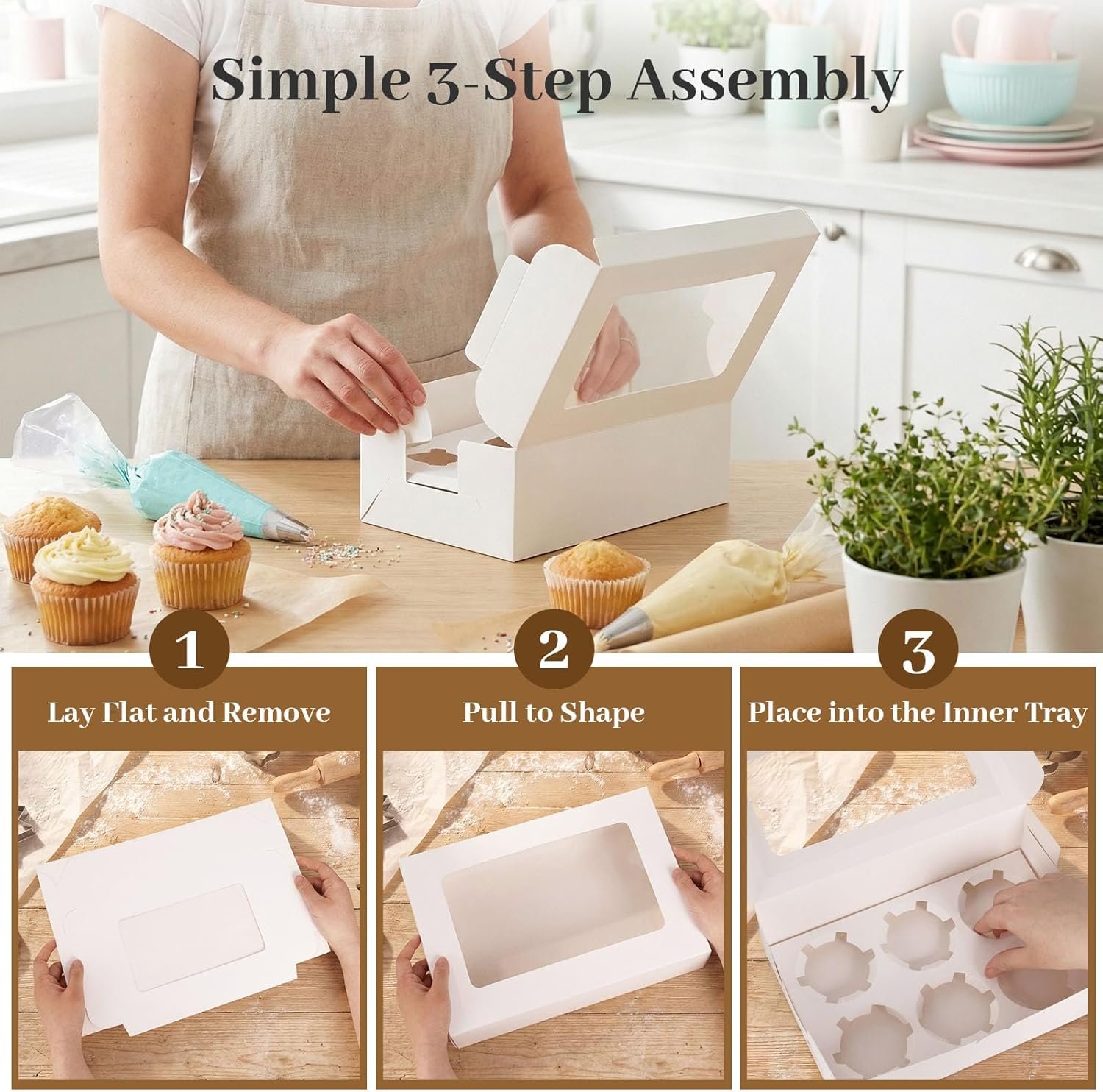 Cajas de Cupcakes Blancas de 6 Cuenta con Ventana, 6 Sets para Transportar 36 Dulces, Marca Blanca y Logo Personalizado, Proveedor de Suministros para Fiestas Cumpleaños.