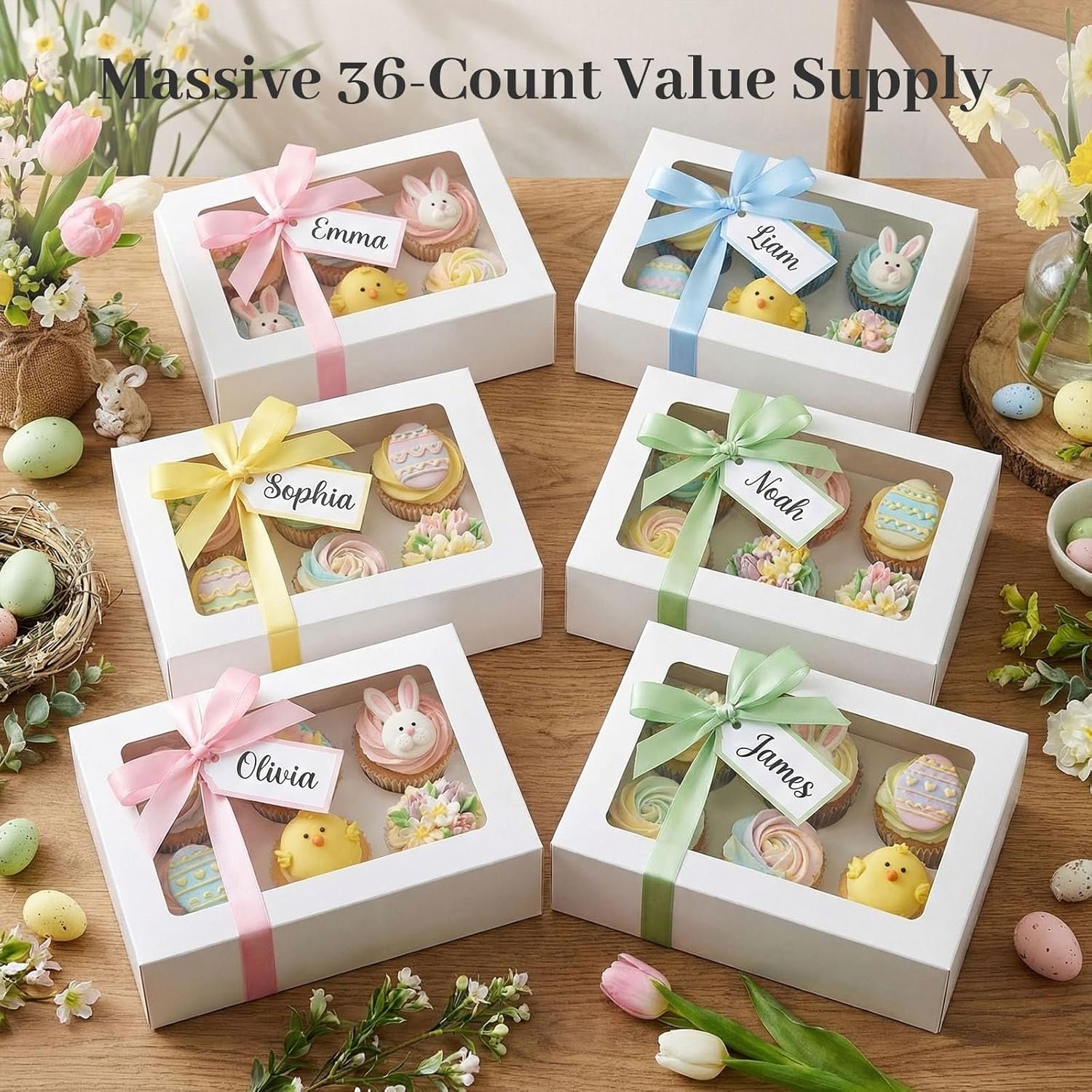 Cajas de Cupcakes Blancas de 6 Cuenta con Ventana, 6 Sets para Transportar 36 Dulces, Marca Blanca y Logo Personalizado, Proveedor de Suministros para Fiestas Cumpleaños.