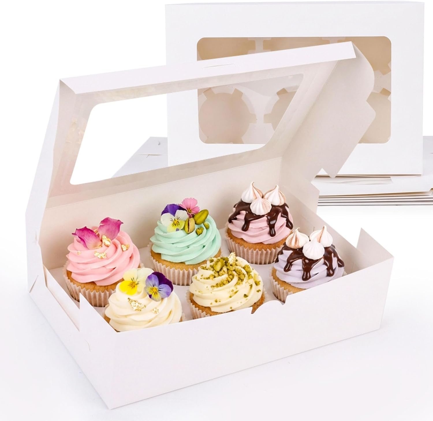 Cajas de Cupcakes Blancas de 6 Cuenta con Ventana, 6 Sets para Transportar 36 Dulces, Marca Blanca y Logo Personalizado, Proveedor de Suministros para Fiestas Cumpleaños.
