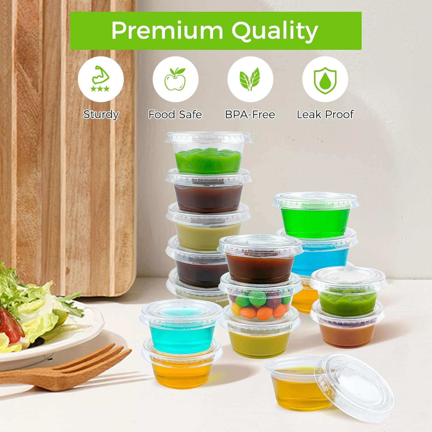 Cups de 2 oz con tapa para jello shots, Logo Personalizado, envases desechables de plástico resistentes y seguros para alimentos, ideales para salsas y aderezos, fabricados por Proveedor.