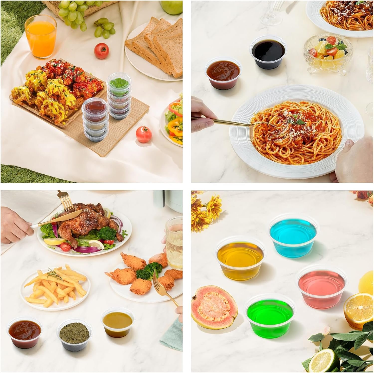 Cups de 2 oz con tapa para jello shots, Logo Personalizado, envases desechables de plástico resistentes y seguros para alimentos, ideales para salsas y aderezos, fabricados por Proveedor.