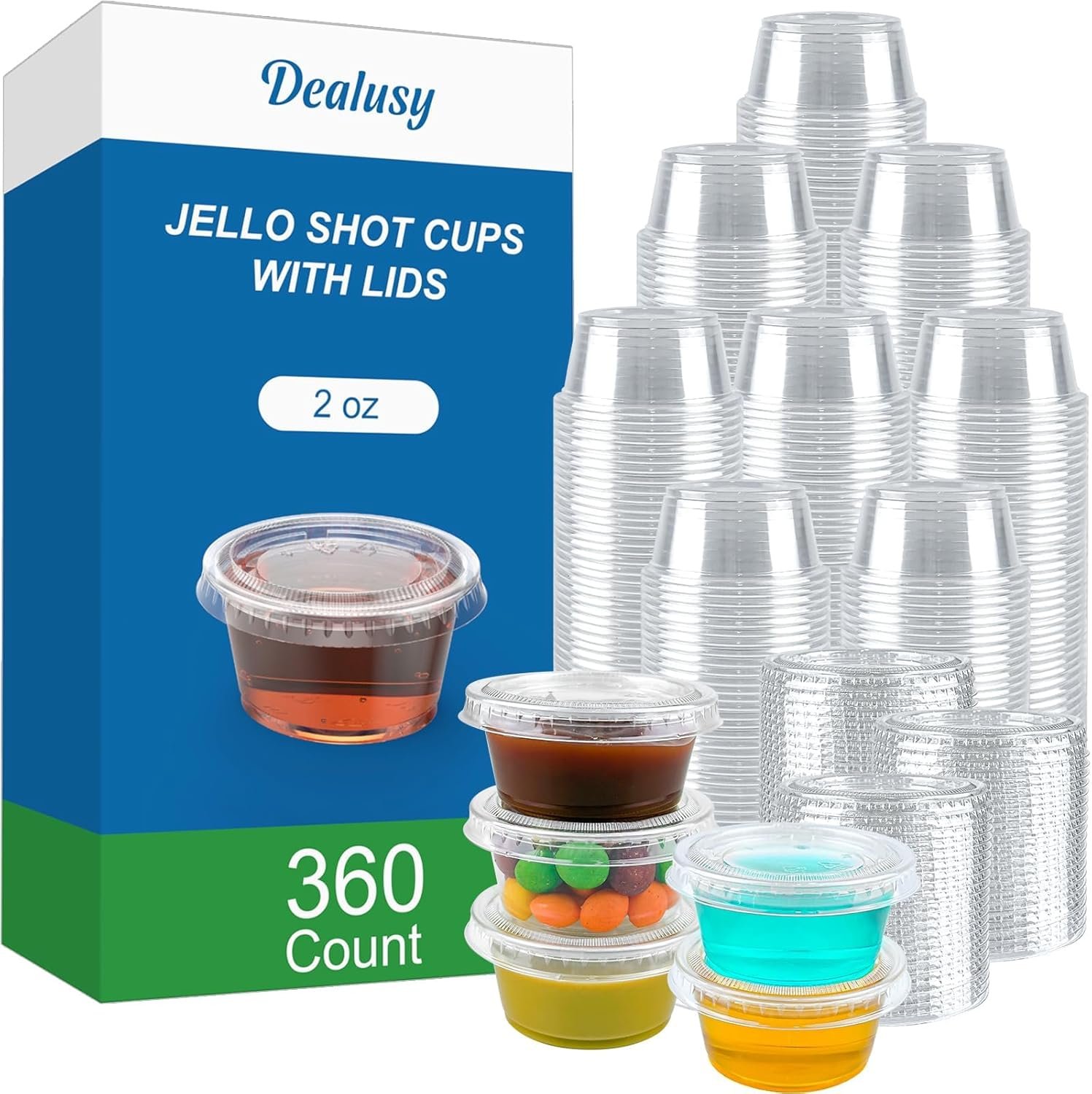 Cups de 2 oz con tapa para jello shots, Logo Personalizado, envases desechables de plástico resistentes y seguros para alimentos, ideales para salsas y aderezos, fabricados por Proveedor.
