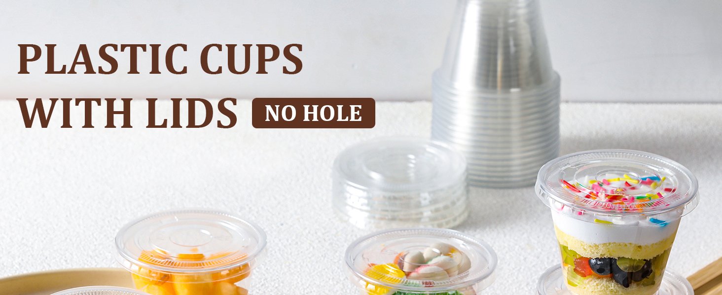 Cups desechables con logo personalizado, 50 sets de tazas plásticas claras de 9 oz con tapa plana sin agujero, ideales para helados, puddings, pasteles, aperitivos, batidos y bebidas frías, fabricadas por un proveedor.