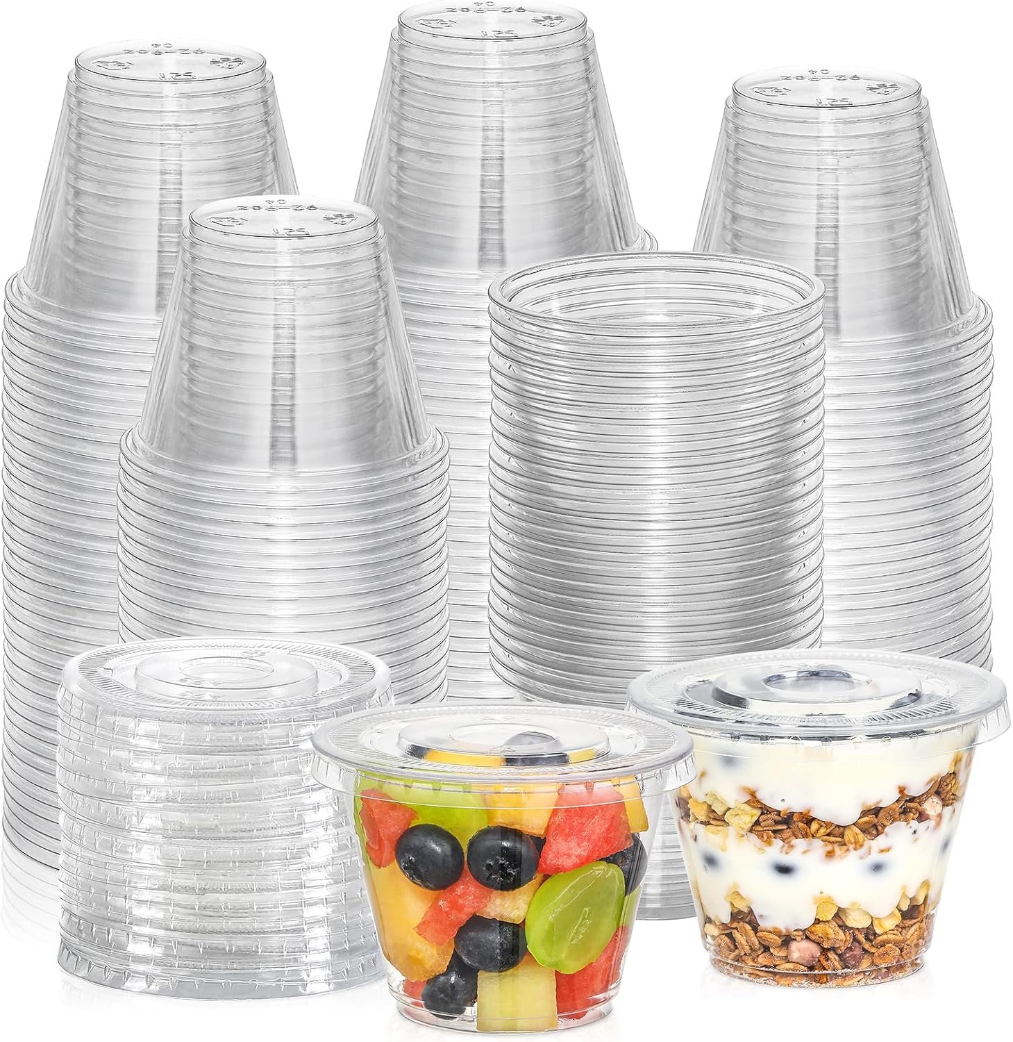 Cups desechables con logo personalizado, 50 sets de tazas plásticas claras de 9 oz con tapa plana sin agujero, ideales para helados, puddings, pasteles, aperitivos, batidos y bebidas frías, fabricadas por un proveedor.