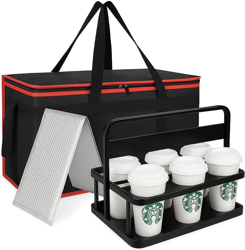 Logo Personalizado Bolsa Térmica de Entrega de Alimentos Aislada con Base Dura y Porta Bebidas de 6 Tazas, Bolsa Profesional para Entrega de Pizza en Catering Comercial, Proveedor de Bolsas Térmicas para Supermercados y Transportes Fríos y Calientes.