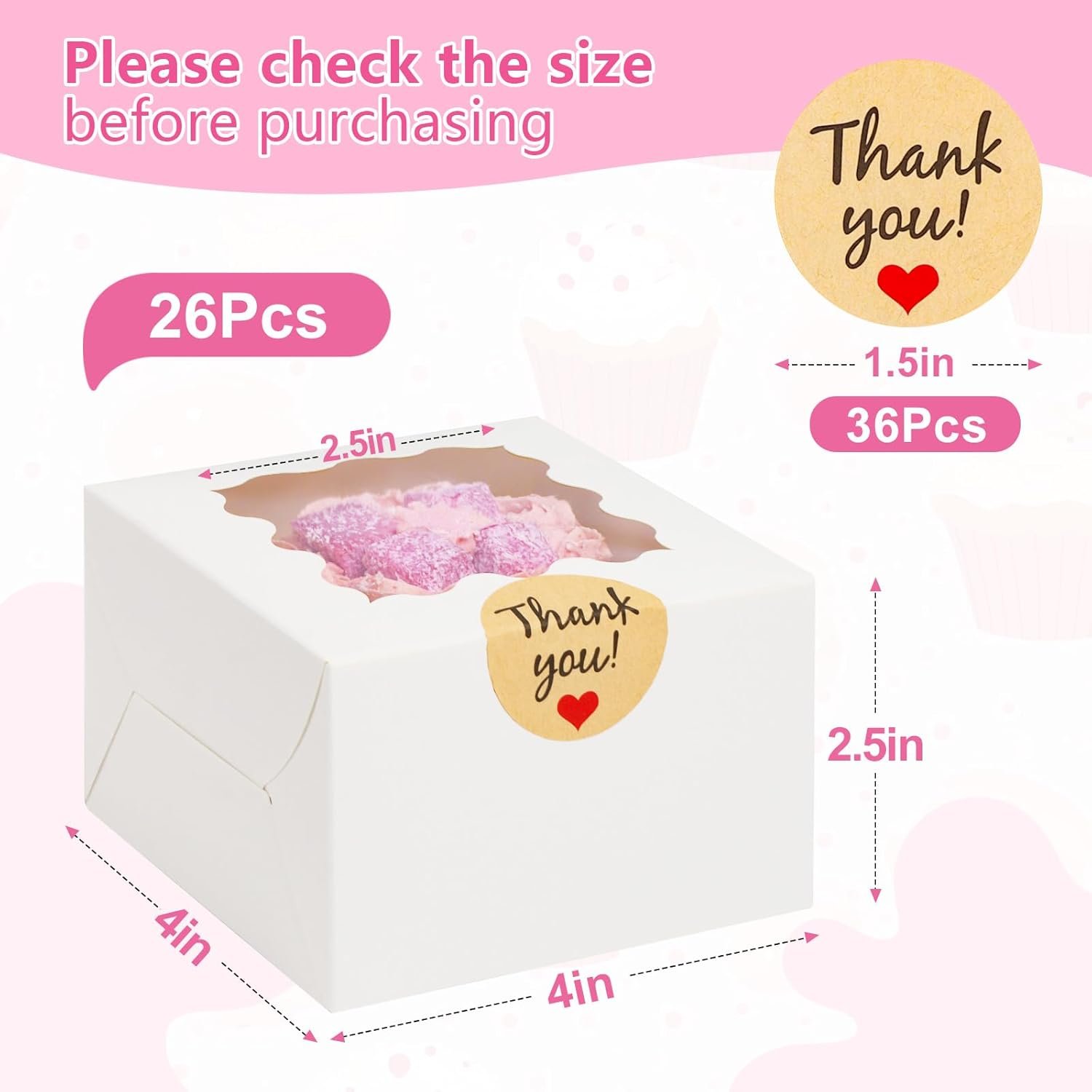 Caja de Galletas Blanca de 26pcs con Ventana, 4x4x2.5 Pulgadas, Cajas Pequeñas de Pastelería con 36pcs de Stickers, Marca Blanca para Postres, Donuts, Macarons, Fresas, Chocolates, Cupcakes y Dulces, con Logo Personalizado de Fábrica.