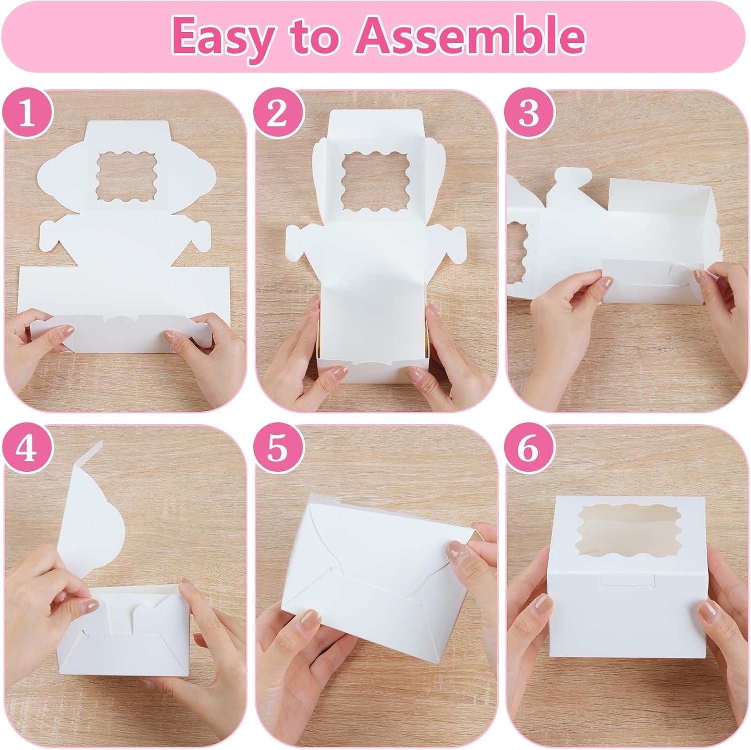 Caja de Galletas Blanca de 26pcs con Ventana, 4x4x2.5 Pulgadas, Cajas Pequeñas de Pastelería con 36pcs de Stickers, Marca Blanca para Postres, Donuts, Macarons, Fresas, Chocolates, Cupcakes y Dulces, con Logo Personalizado de Fábrica.