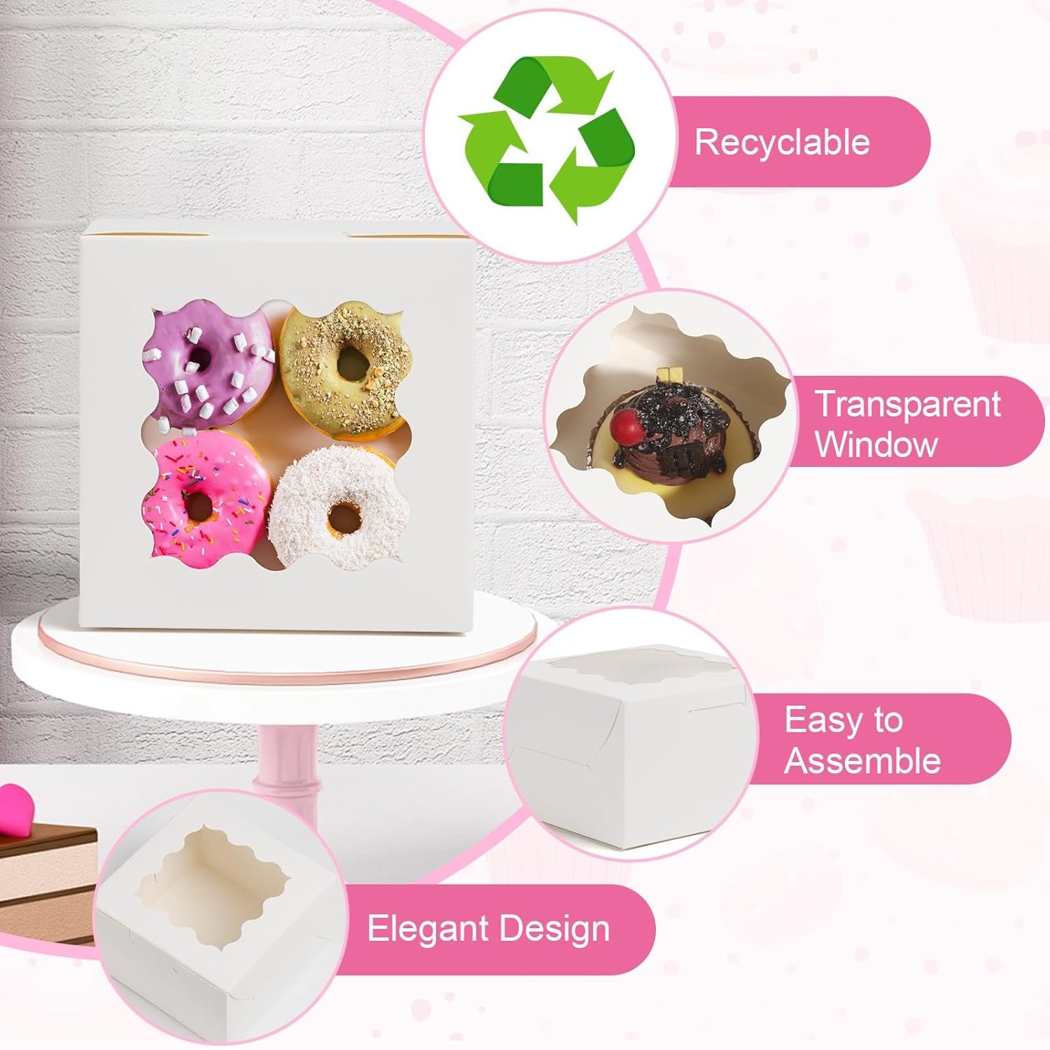 Caja de Galletas Blanca de 26pcs con Ventana, 4x4x2.5 Pulgadas, Cajas Pequeñas de Pastelería con 36pcs de Stickers, Marca Blanca para Postres, Donuts, Macarons, Fresas, Chocolates, Cupcakes y Dulces, con Logo Personalizado de Fábrica.