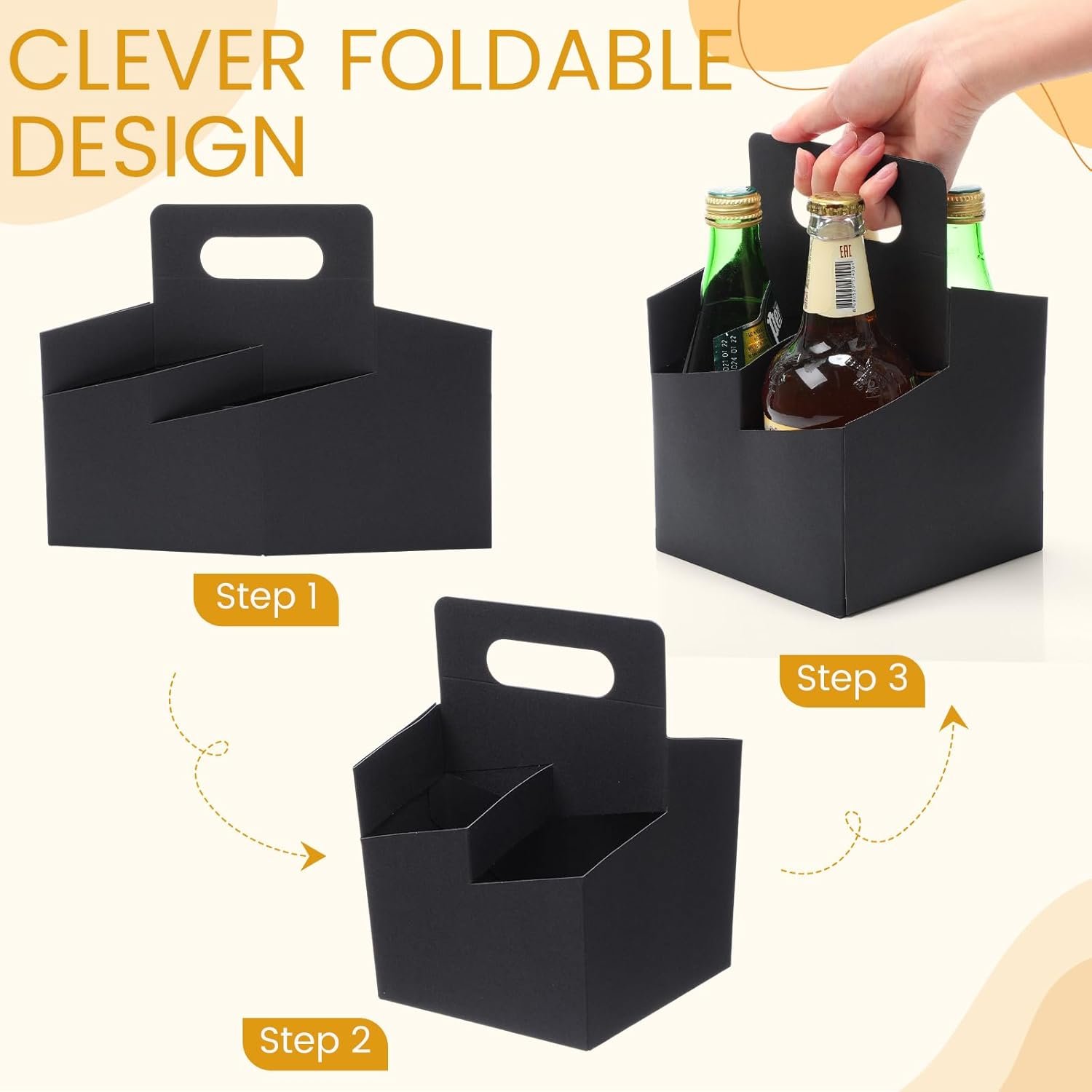 Logo Personalizado 50 Pcs Soporte de Bebidas de 4 Tazas con Asa, Porta Cervezas de Papel Kraft, Soporte Desechable para Bebidas Calientes o Frías, Porta Botellas de 12-16 oz para Entrega de Comida por Proveedor.
