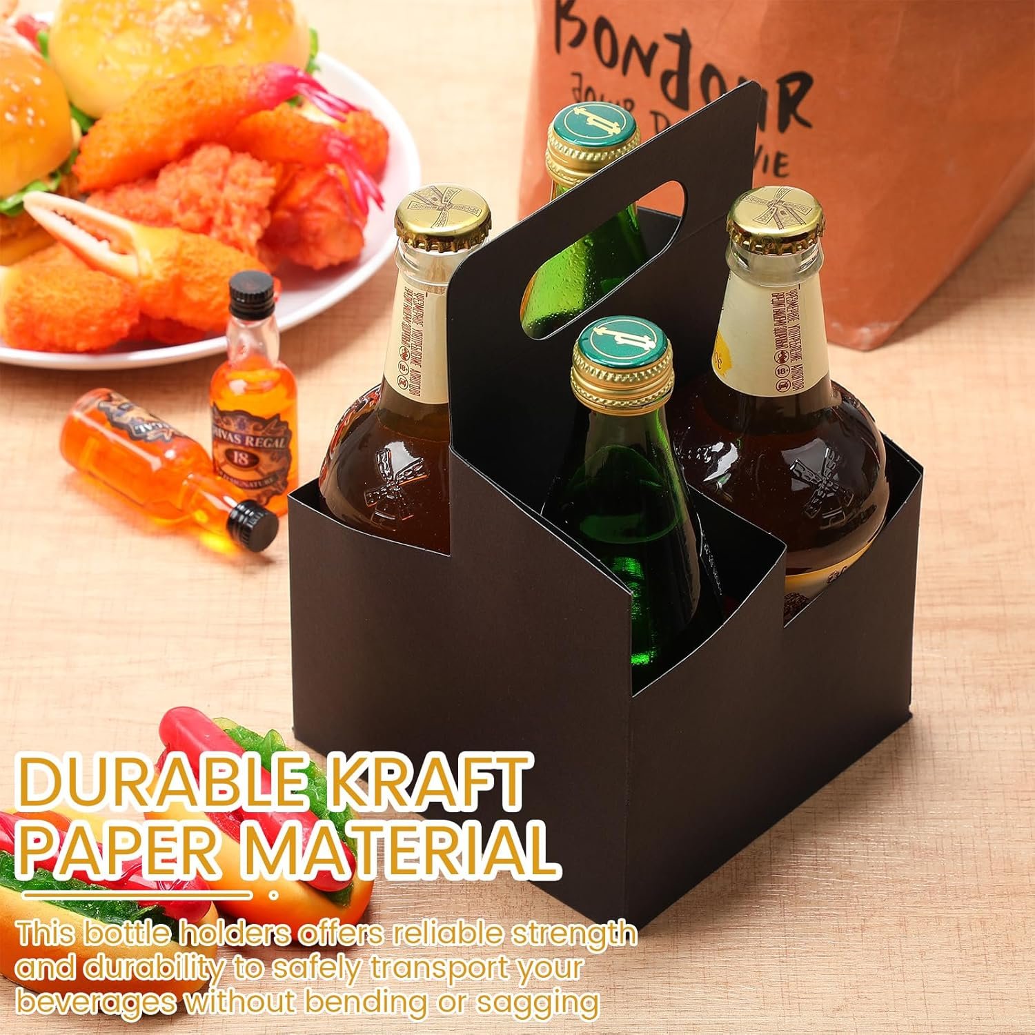 Logo Personalizado 50 Pcs Soporte de Bebidas de 4 Tazas con Asa, Porta Cervezas de Papel Kraft, Soporte Desechable para Bebidas Calientes o Frías, Porta Botellas de 12-16 oz para Entrega de Comida por Proveedor.