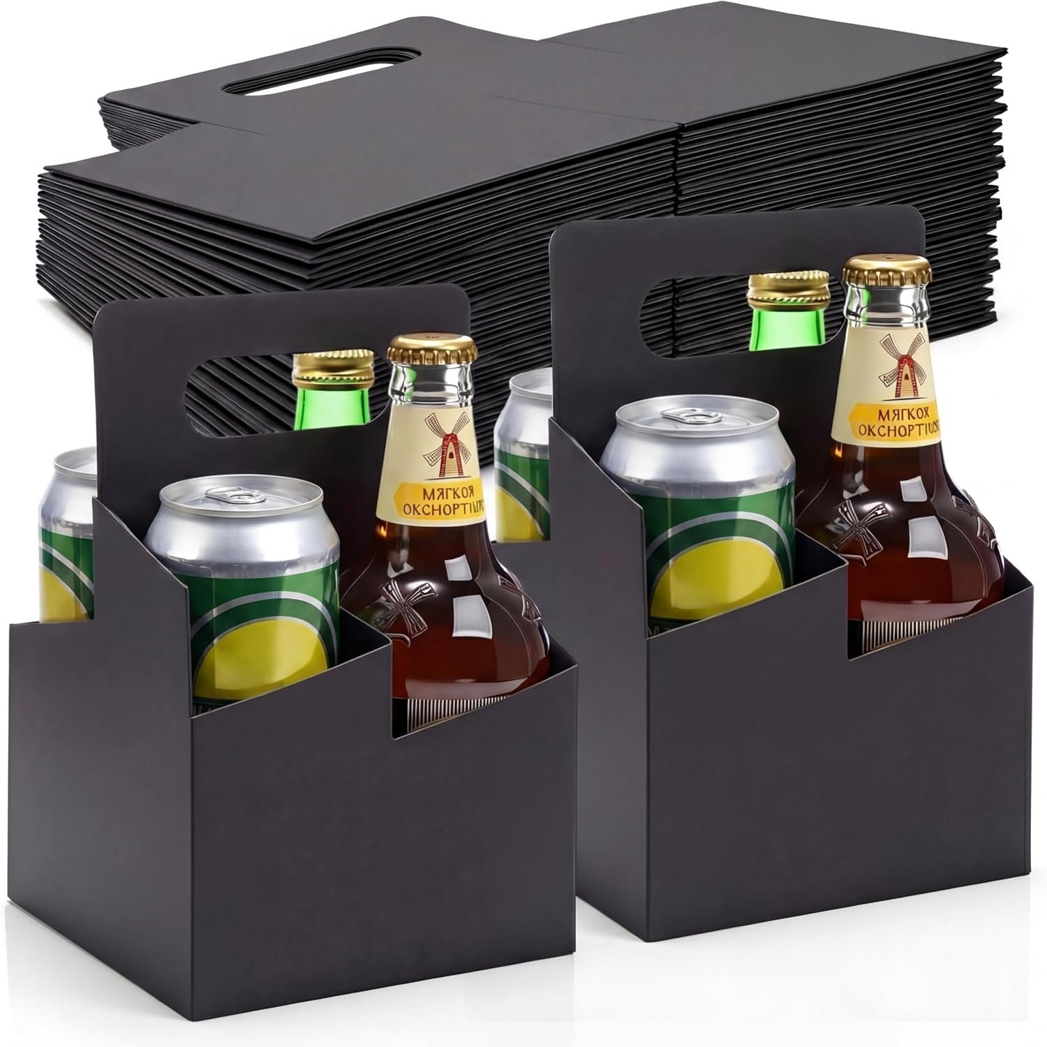 Logo Personalizado 50 Pcs Soporte de Bebidas de 4 Tazas con Asa, Porta Cervezas de Papel Kraft, Soporte Desechable para Bebidas Calientes o Frías, Porta Botellas de 12-16 oz para Entrega de Comida por Proveedor.