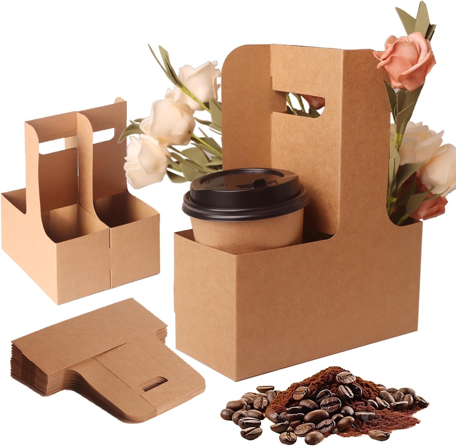 Logo Personalizado 25 Pack Porta Bebidas de 2 Tazas/4 Tazas con Asa (12-30oz) | Bandeja Desechable de Papel para Bebidas Frías y Calientes, Café para Llevar, Entrega y Comida para Llevar | Proveedor de Soportes de Bebidas