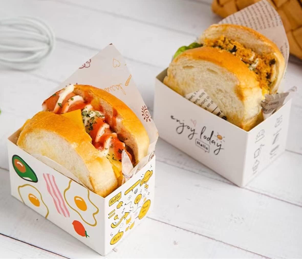 Cajas de comida para llevar 50 piezas, bandejas de papel para hamburguesas, soporte para tostadas y comida para llevar, con Logo Personalizado, ideal para restaurantes, picnics y fiestas, Proveedor de soluciones.