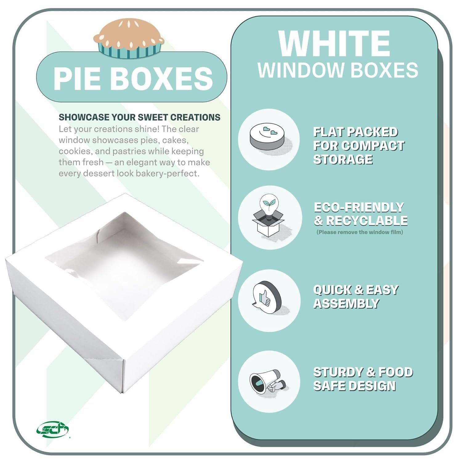 Caja de repostería blanca con ventana y logo personalizado (pack de 200) 9x9x2.5, transportador automático para pies, donas, pasteles, tapa clara, marca blanca, proveedor.