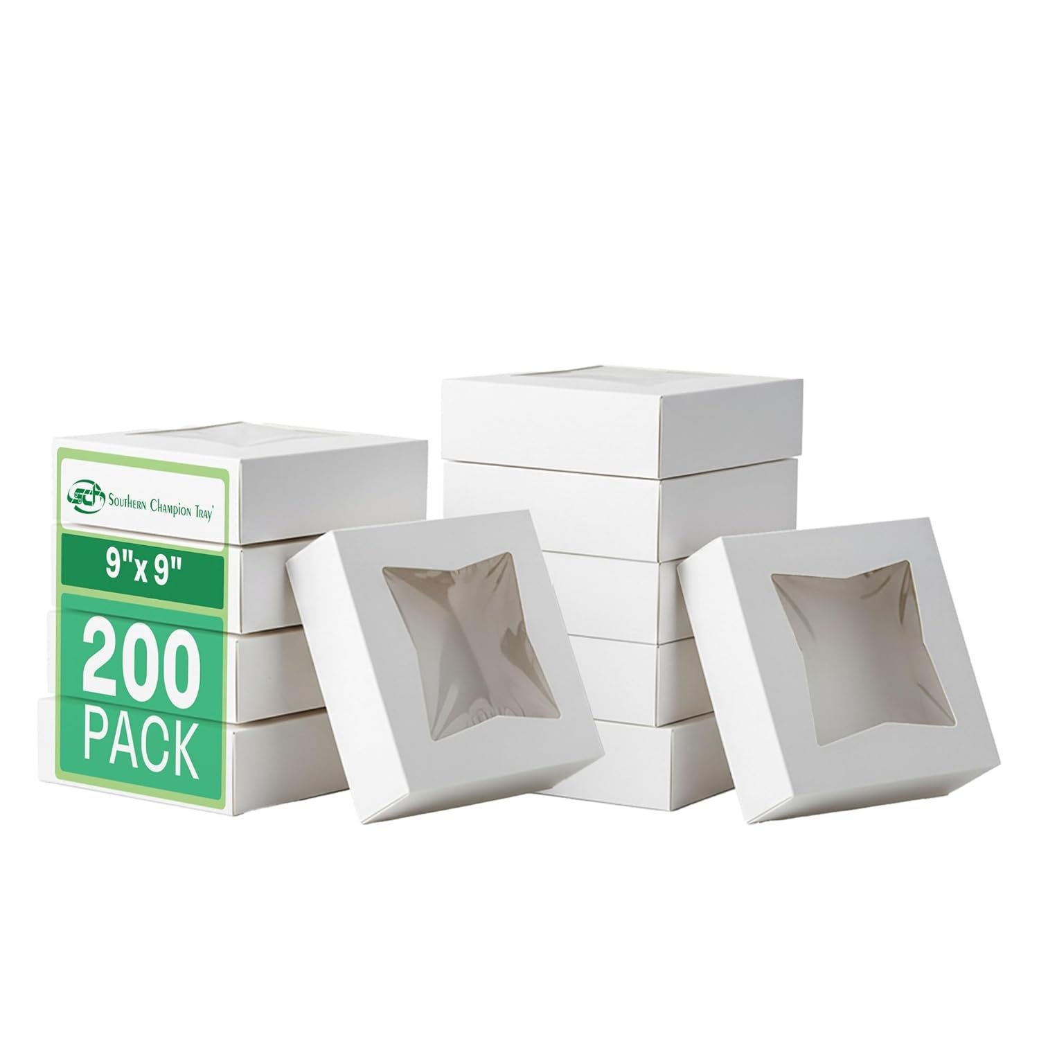 Caja de repostería blanca con ventana y logo personalizado (pack de 200) 9x9x2.5, transportador automático para pies, donas, pasteles, tapa clara, marca blanca, proveedor.