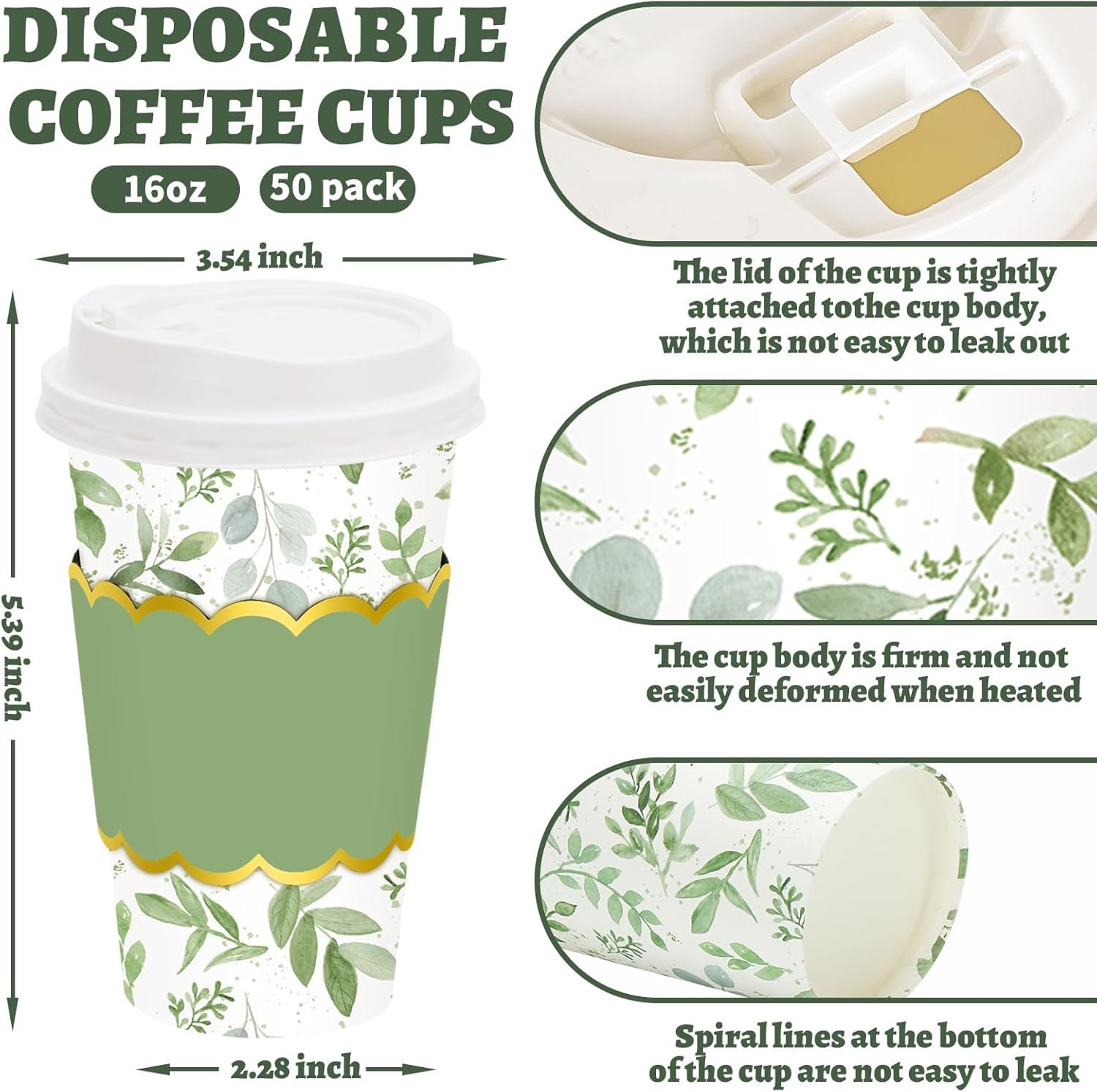 Tazas de café desechables de 16 oz con tapa y mangas, logotipo personalizado, hojas de eucalipto verde, ideal para bodas y cafeterías, proveedor de envases biodegradables.