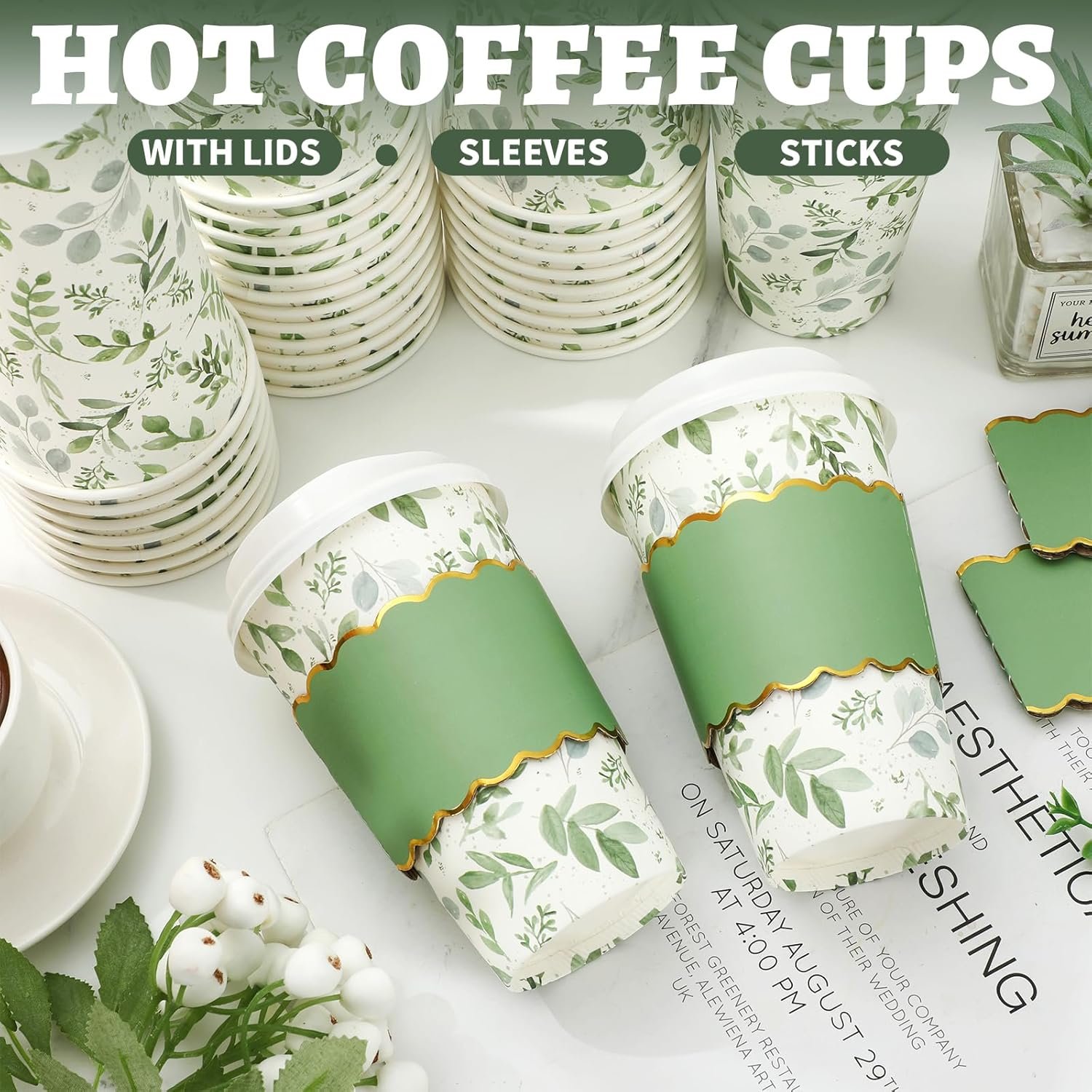 Tazas de café desechables de 16 oz con tapa y mangas, logotipo personalizado, hojas de eucalipto verde, ideal para bodas y cafeterías, proveedor de envases biodegradables.