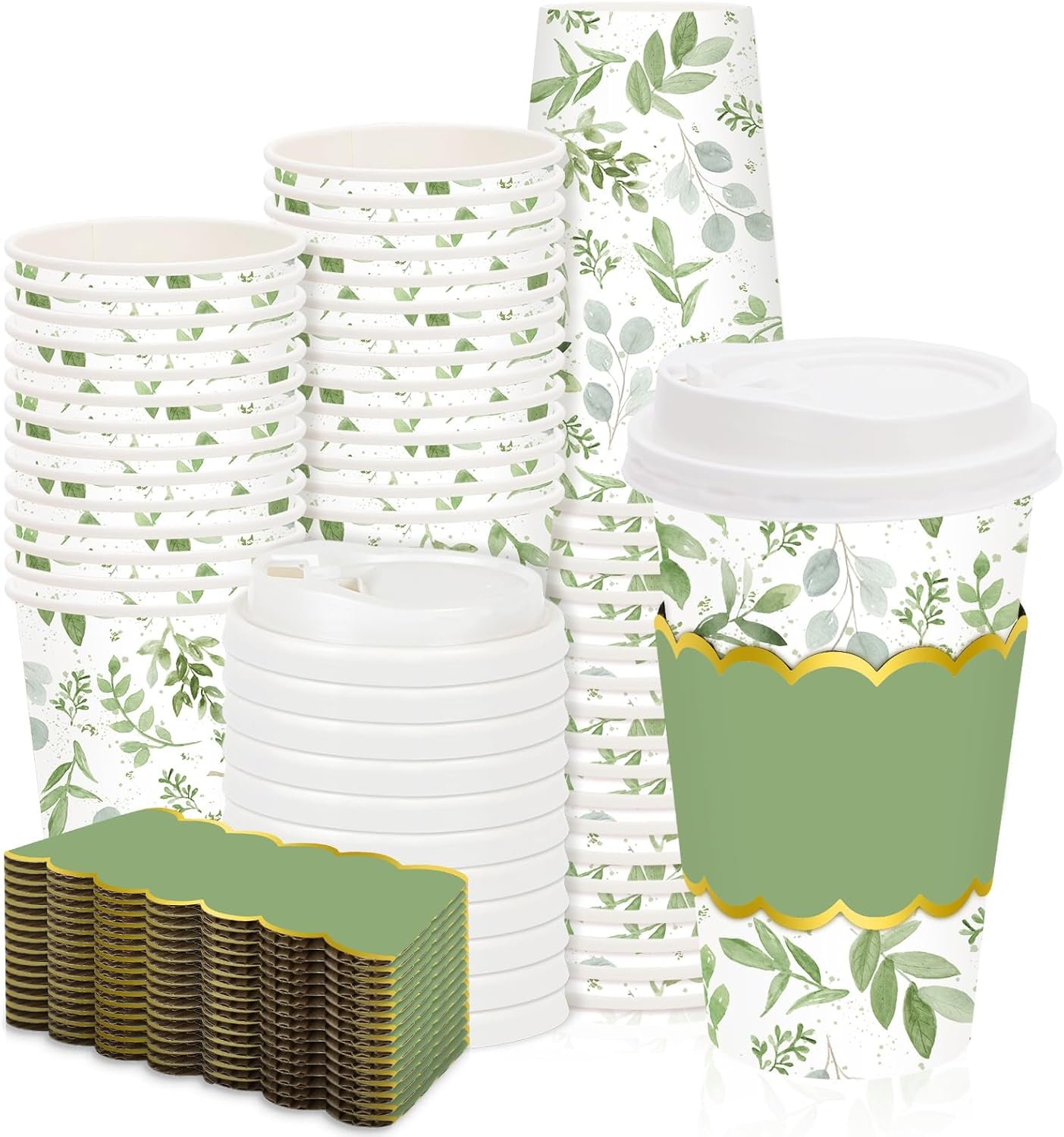 Tazas de café desechables de 16 oz con tapa y mangas, logotipo personalizado, hojas de eucalipto verde, ideal para bodas y cafeterías, proveedor de envases biodegradables.