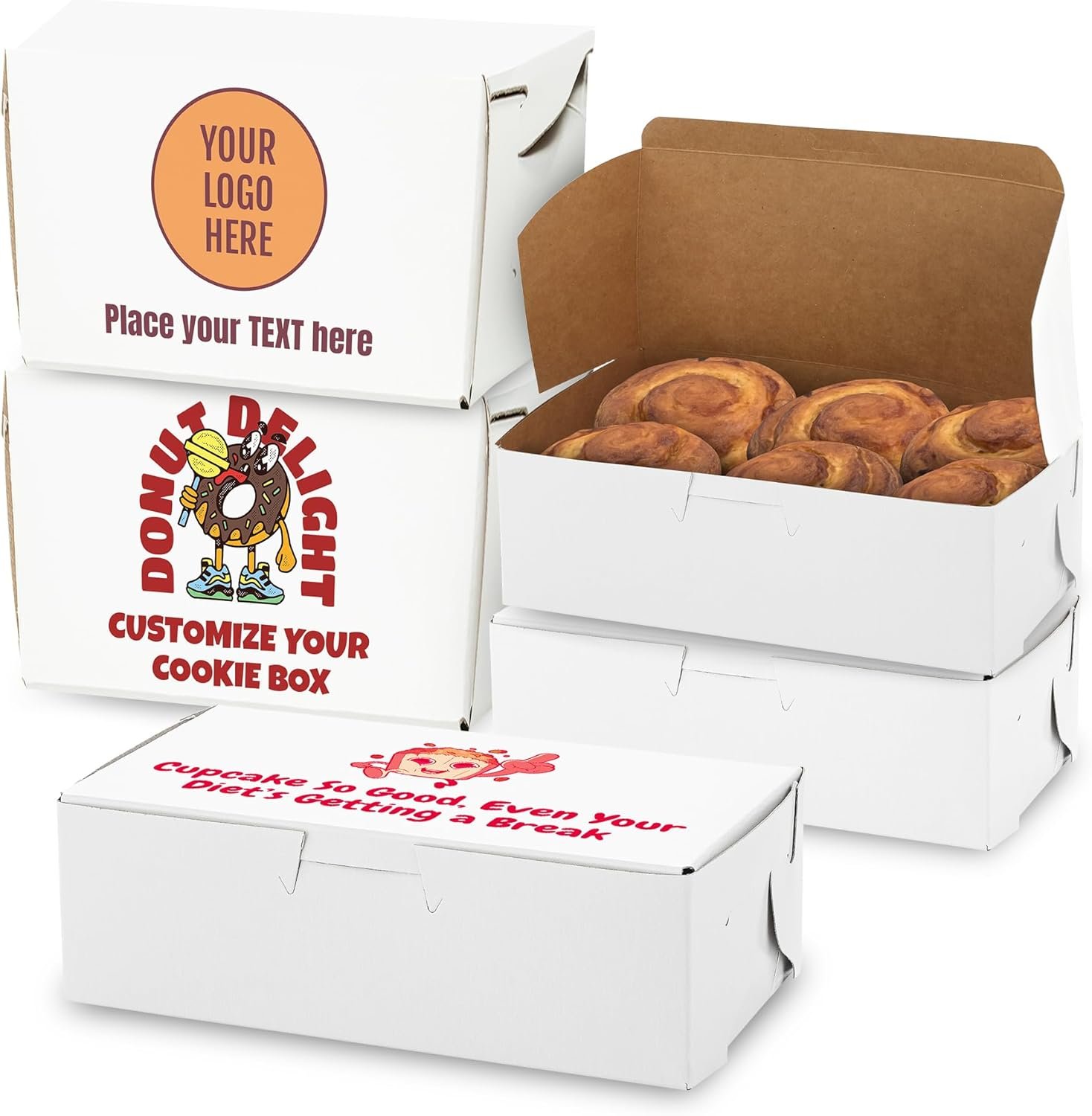 Cajas de Pastelería Personalizadas con Logo - Cajas Blancas Personalizables de 8" x 5.5" x 4" para Cupcakes (Paquete de 5) - Proveedor especializado en Marca Blanca