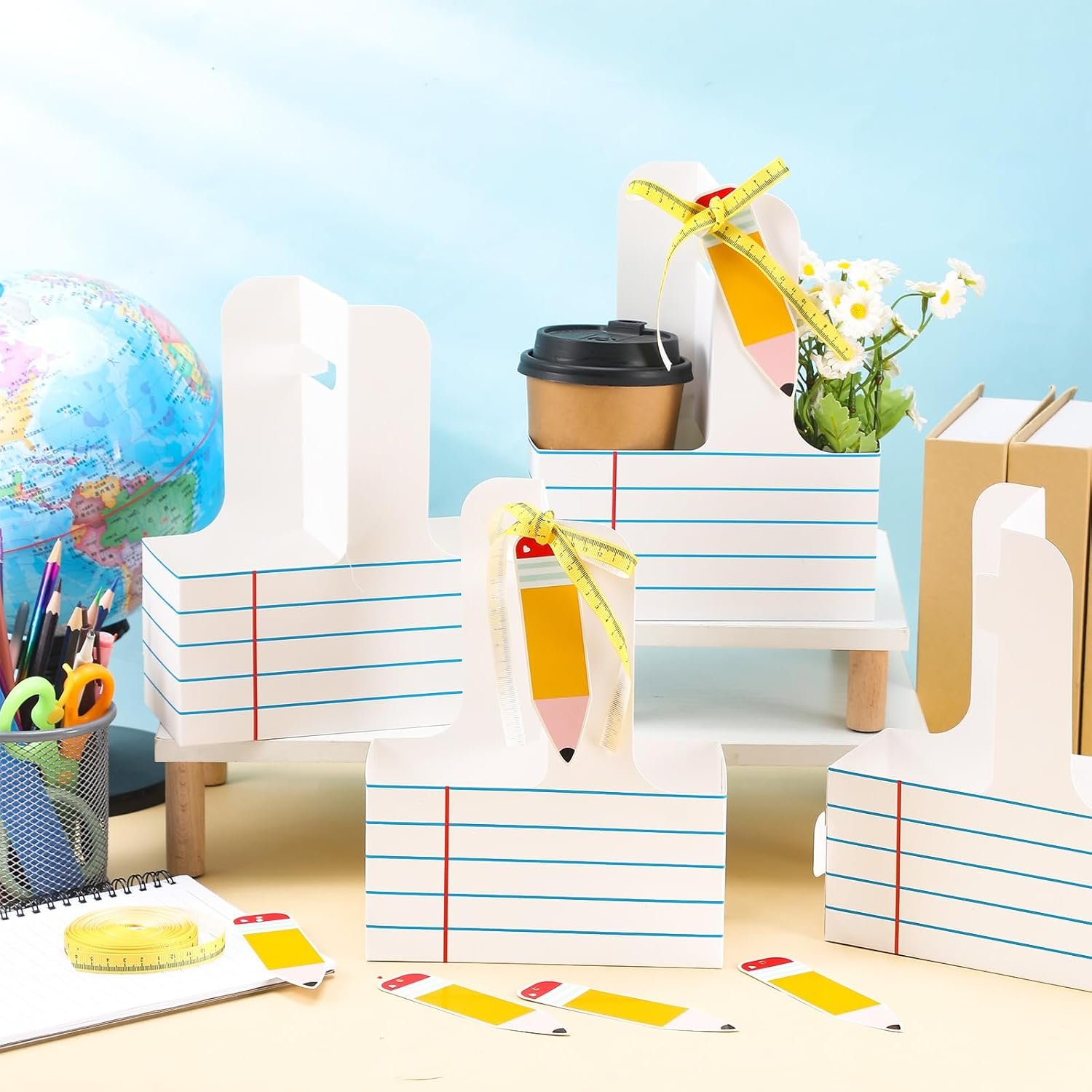 Logo Personalizado 24 Set de Regalos de Apreciación para Maestros, Porta Bebidas de 2 Tazas con Tarjeta de Felicitación y Cinta, Soportes desechables con Mango para Fiestas, Fabrica