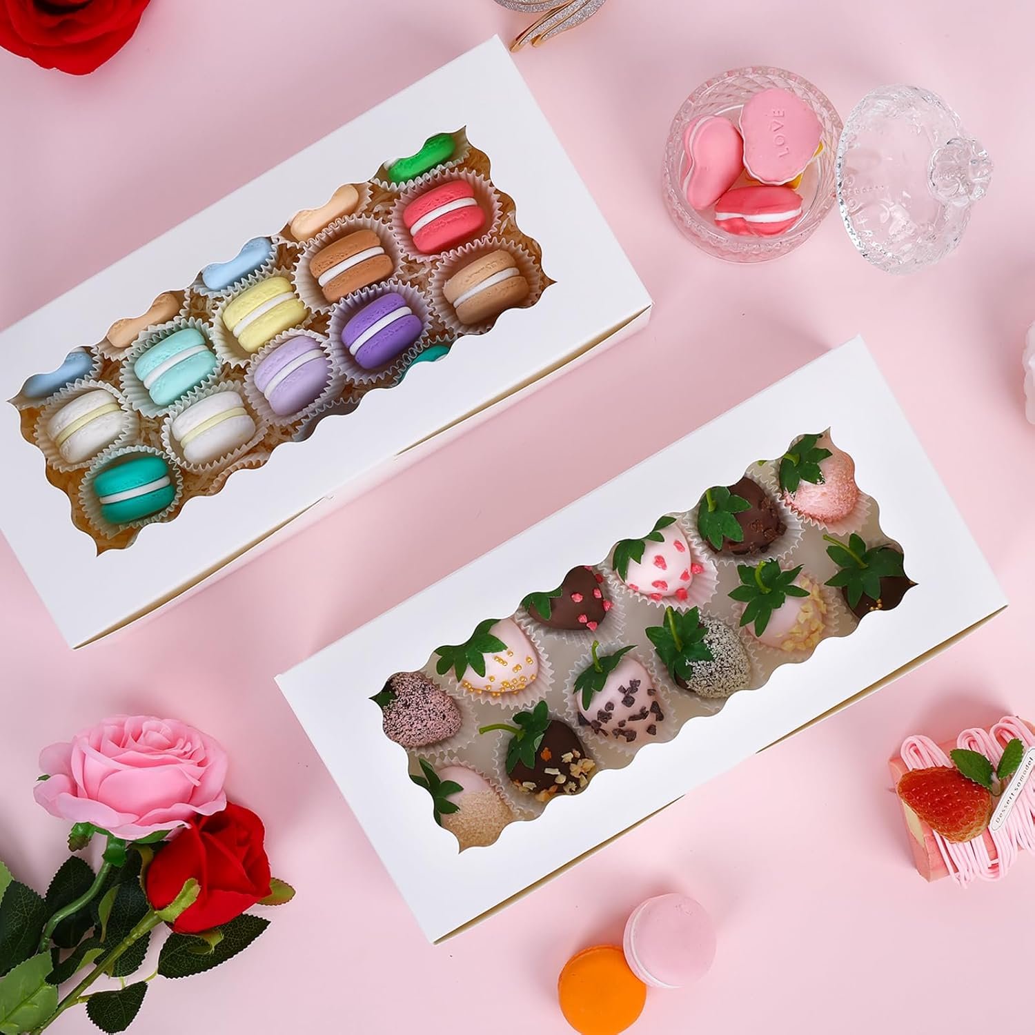 Caja de Pastelería Blanca de 12x5.5x2.5 Pulgadas con Ventana para Galletas, Donas, Chocolate, y Postres, Marca Blanca, Personalizable con Logo, Proveedor de Envases.