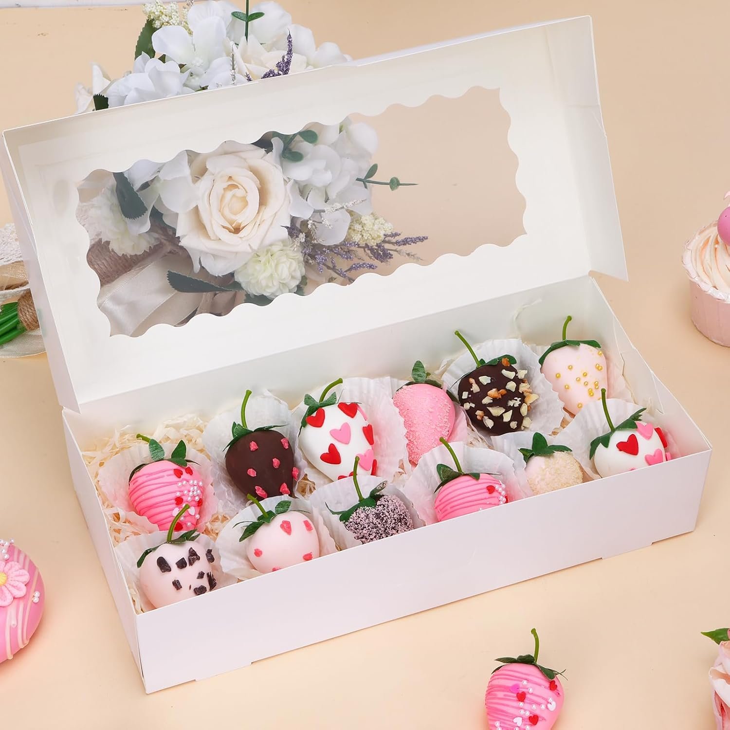 Caja de Pastelería Blanca de 12x5.5x2.5 Pulgadas con Ventana para Galletas, Donas, Chocolate, y Postres, Marca Blanca, Personalizable con Logo, Proveedor de Envases.