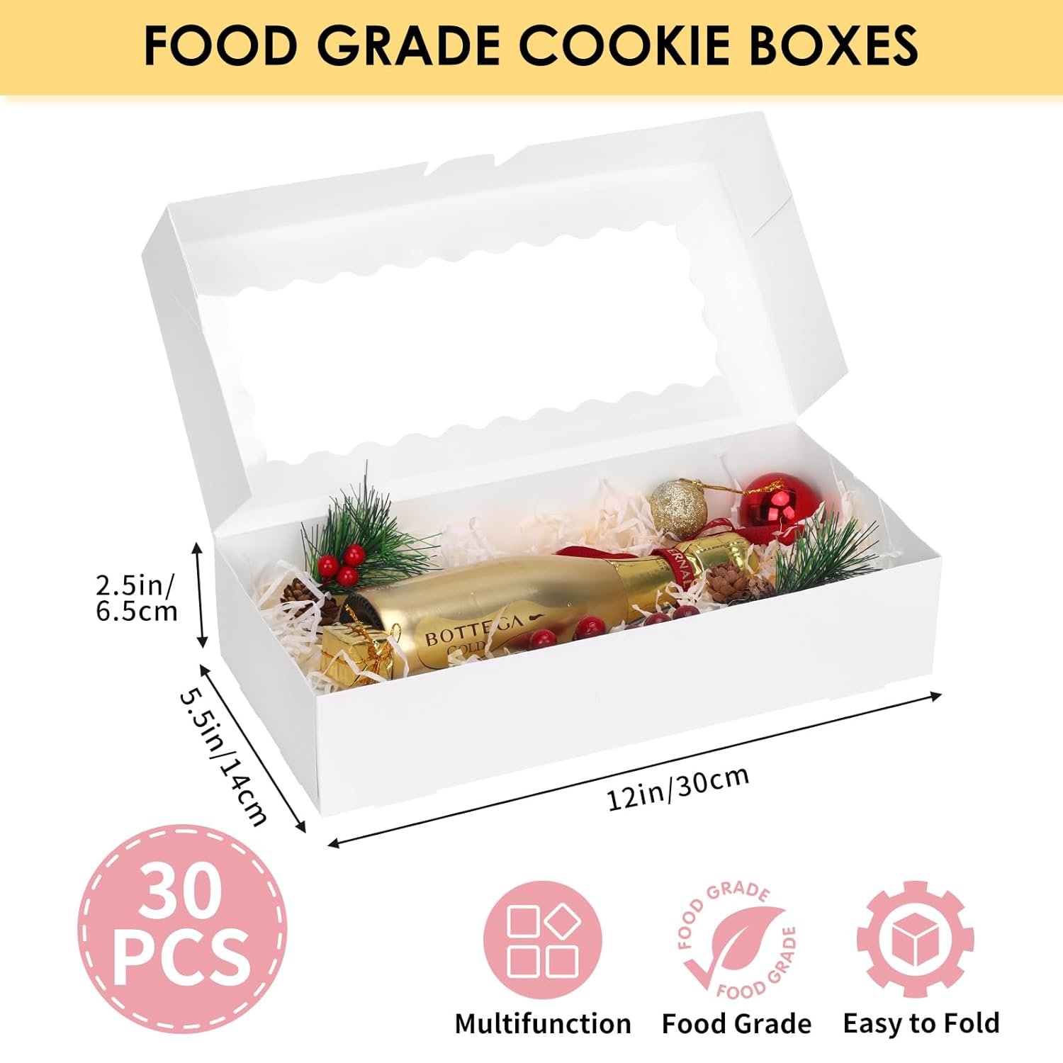 Caja de Pastelería Blanca de 12x5.5x2.5 Pulgadas con Ventana para Galletas, Donas, Chocolate, y Postres, Marca Blanca, Personalizable con Logo, Proveedor de Envases.
