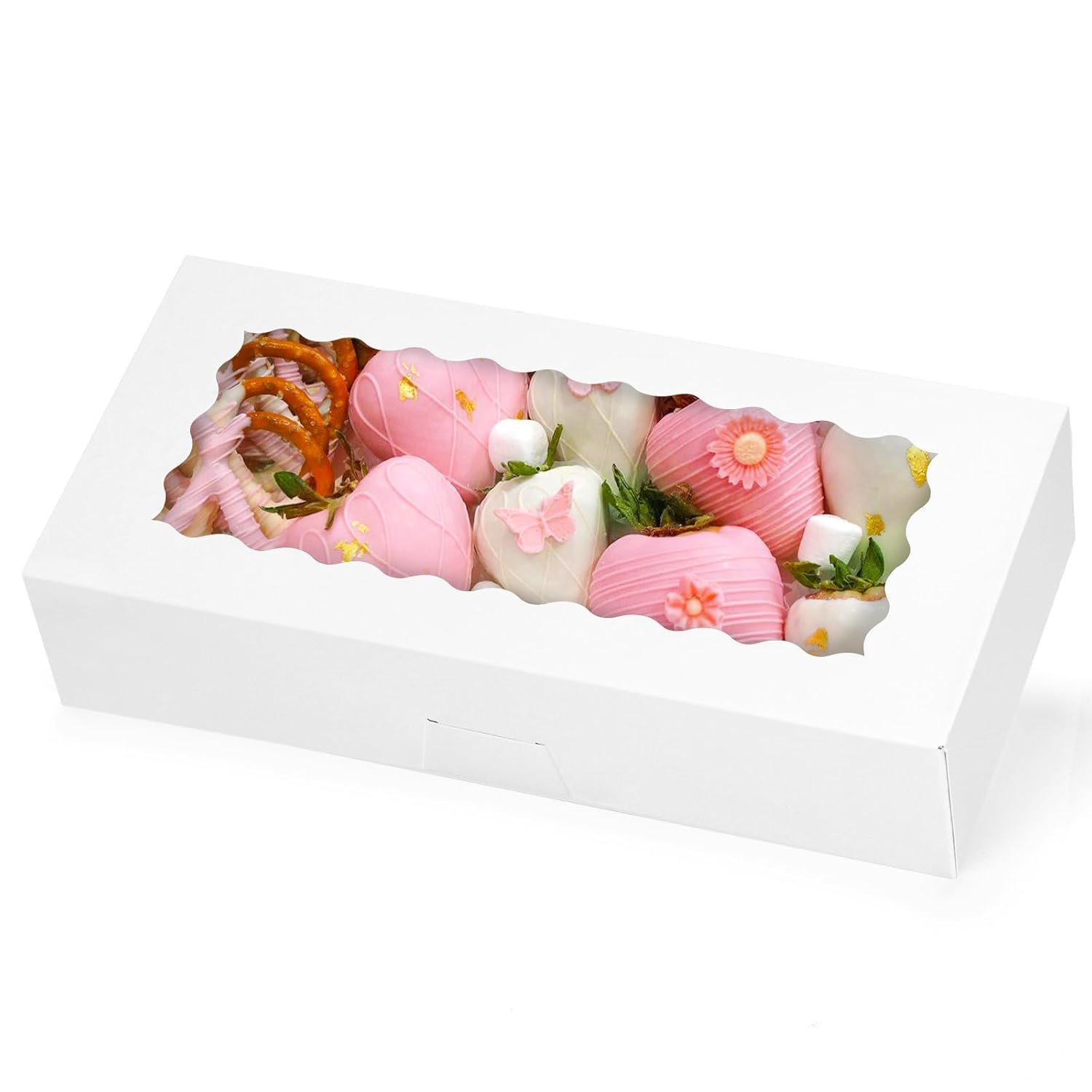 Caja de Pastelería Blanca de 12x5.5x2.5 Pulgadas con Ventana para Galletas, Donas, Chocolate, y Postres, Marca Blanca, Personalizable con Logo, Proveedor de Envases.