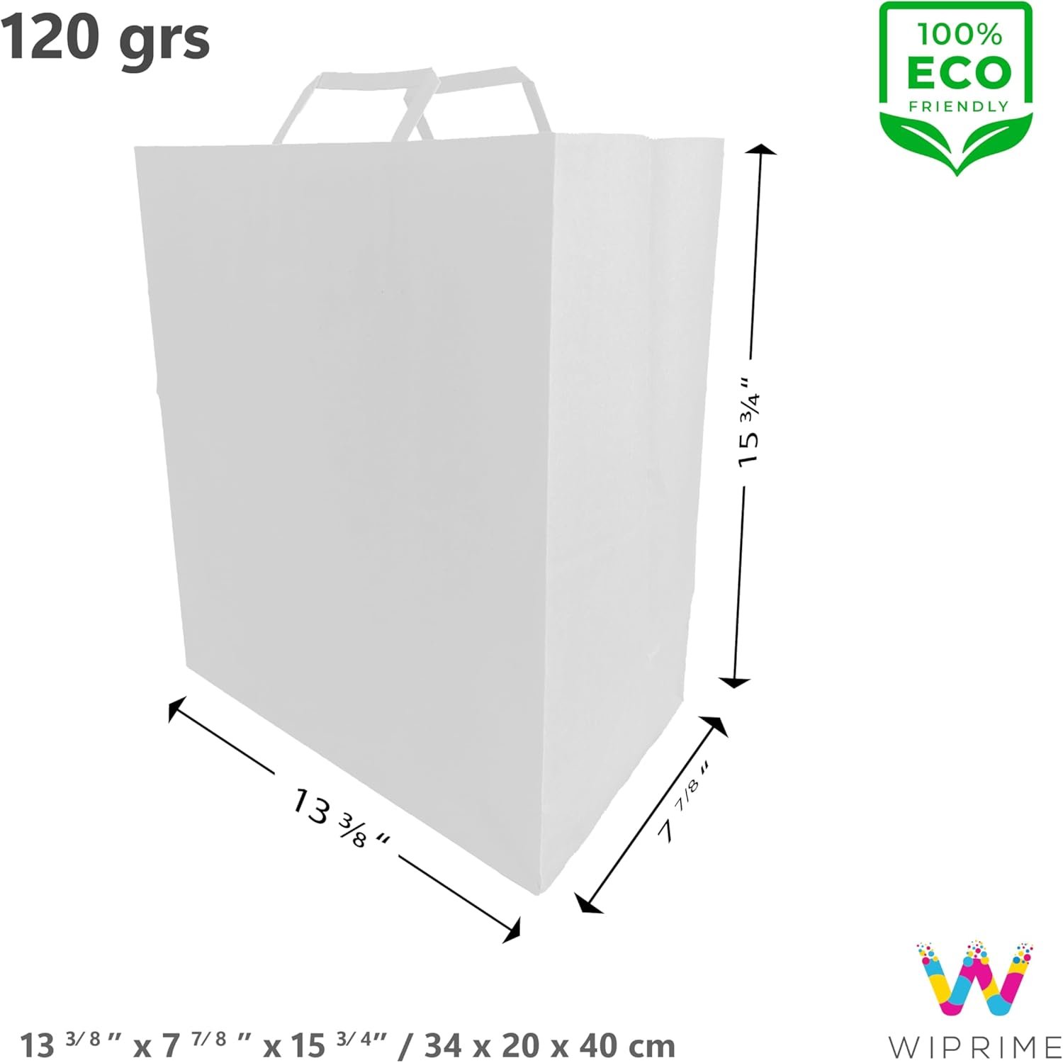 Logo Personalizado - Pack de 100 bolsas de papel kraft blancas para llevar con asas planas – 13.3 x 7.8 x 15.75 pulgadas – Resistente y perfecto para restaurantes, delivery de comida, retail y catering - Proveedor.