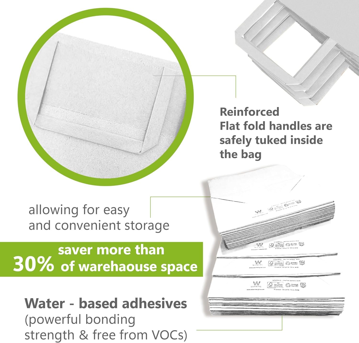 Logo Personalizado - Pack de 100 bolsas de papel kraft blancas para llevar con asas planas – 13.3 x 7.8 x 15.75 pulgadas – Resistente y perfecto para restaurantes, delivery de comida, retail y catering - Proveedor.