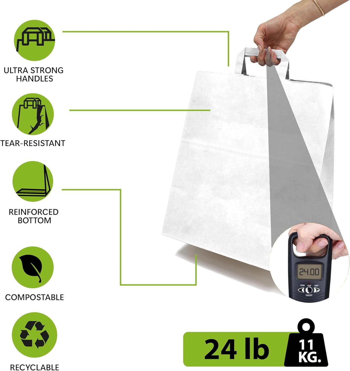 Logo Personalizado - Pack de 100 bolsas de papel kraft blancas para llevar con asas planas – 13.3 x 7.8 x 15.75 pulgadas – Resistente y perfecto para restaurantes, delivery de comida, retail y catering - Proveedor.