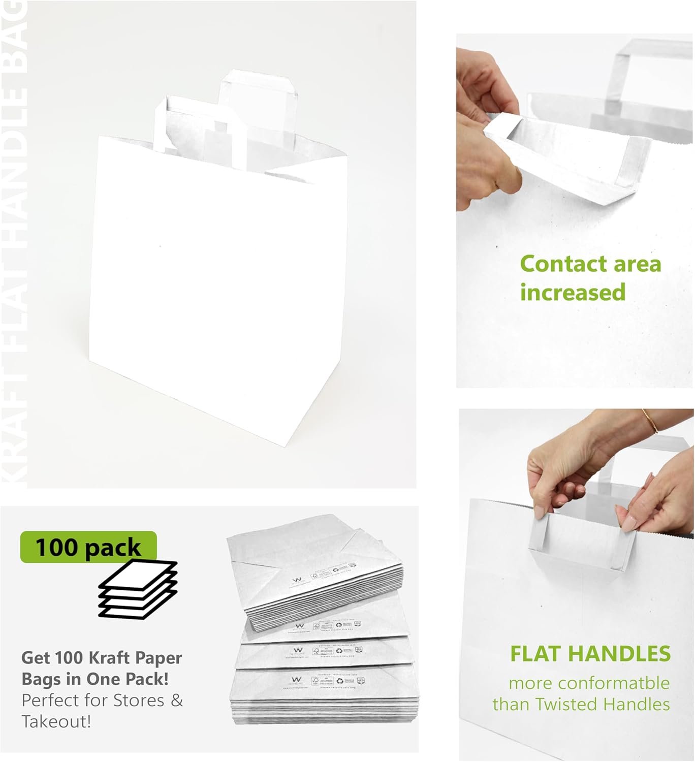 Logo Personalizado - Pack de 100 bolsas de papel kraft blancas para llevar con asas planas – 13.3 x 7.8 x 15.75 pulgadas – Resistente y perfecto para restaurantes, delivery de comida, retail y catering - Proveedor.