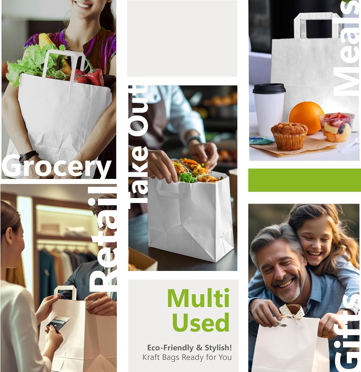 Logo Personalizado - Pack de 100 bolsas de papel kraft blancas para llevar con asas planas – 13.3 x 7.8 x 15.75 pulgadas – Resistente y perfecto para restaurantes, delivery de comida, retail y catering - Proveedor.