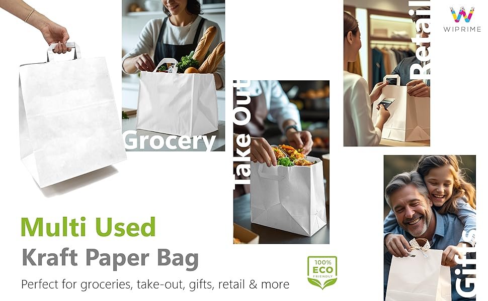 Logo Personalizado - Pack de 100 bolsas de papel kraft blancas para llevar con asas planas – 13.3 x 7.8 x 15.75 pulgadas – Resistente y perfecto para restaurantes, delivery de comida, retail y catering - Proveedor.