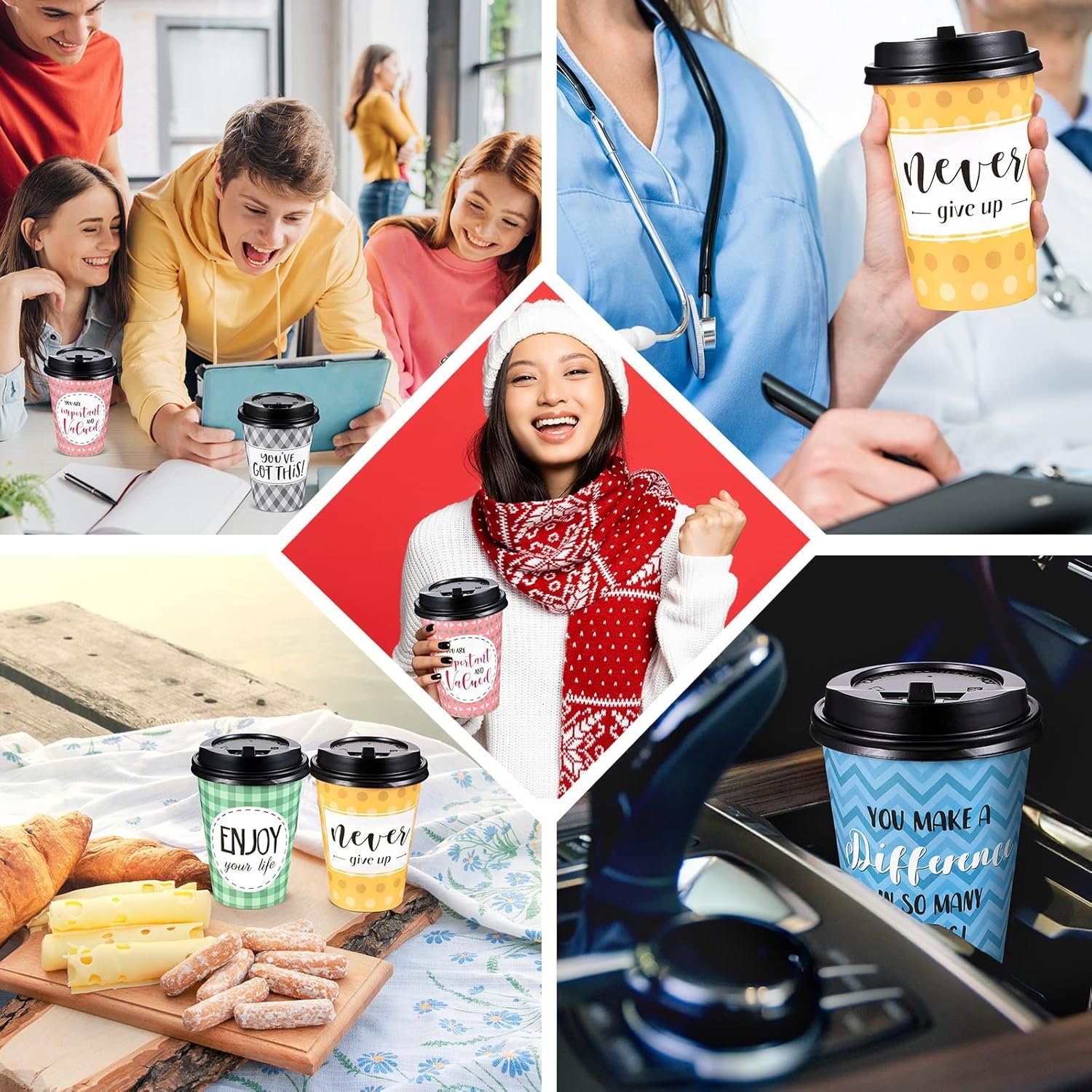 Tazas de café desechables personalizadas con tapa y pajitas, 100 unidades, estilo fresco para agua, jugos, café y té, ideales para el hogar y cafeterías, Marca blanca de Fábrica.