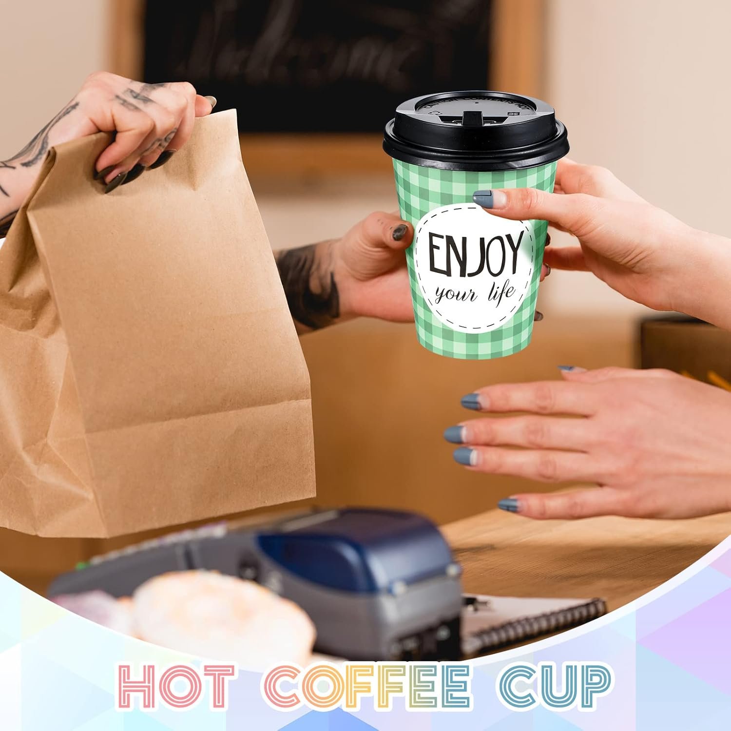 Tazas de café desechables personalizadas con tapa y pajitas, 100 unidades, estilo fresco para agua, jugos, café y té, ideales para el hogar y cafeterías, Marca blanca de Fábrica.