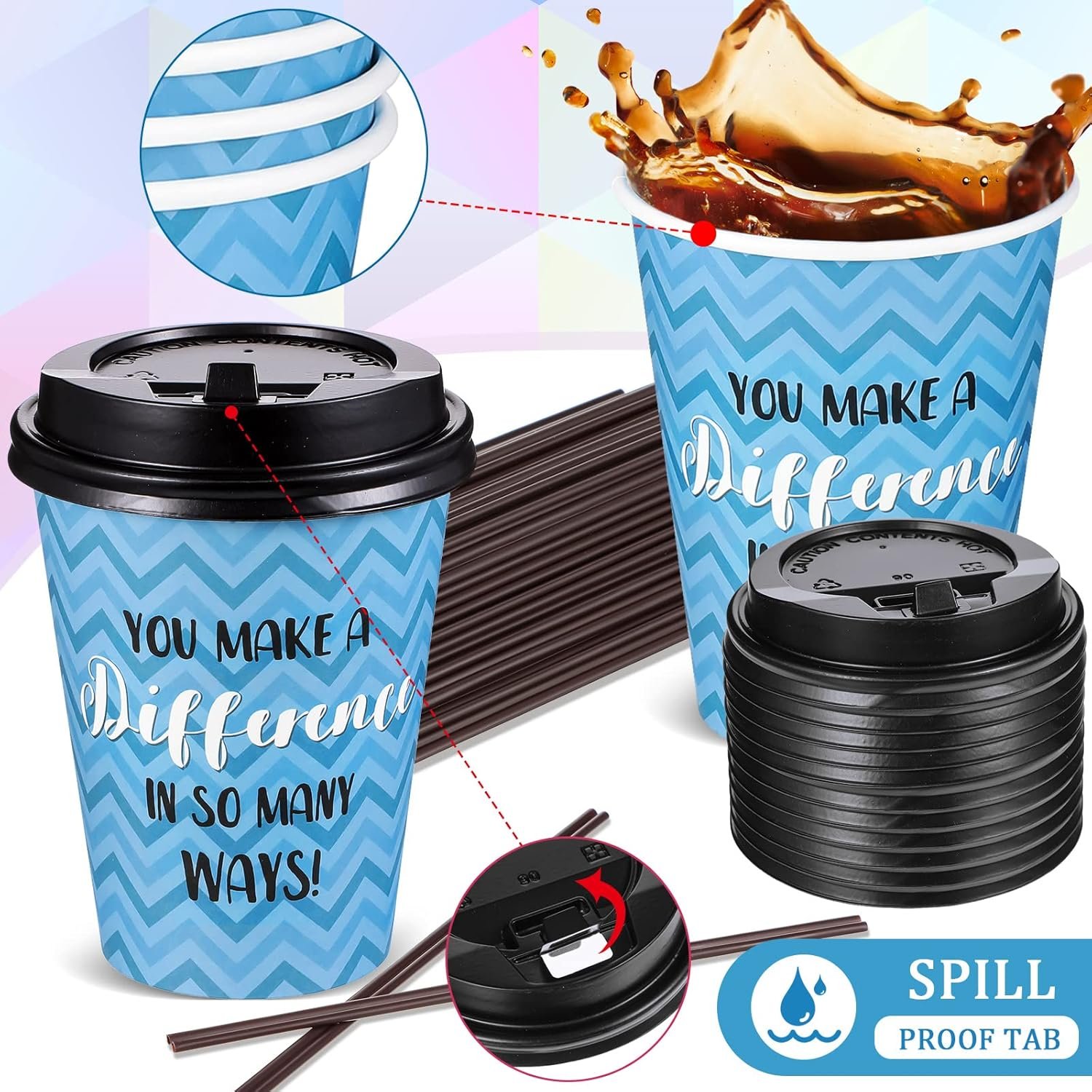 Tazas de café desechables personalizadas con tapa y pajitas, 100 unidades, estilo fresco para agua, jugos, café y té, ideales para el hogar y cafeterías, Marca blanca de Fábrica.