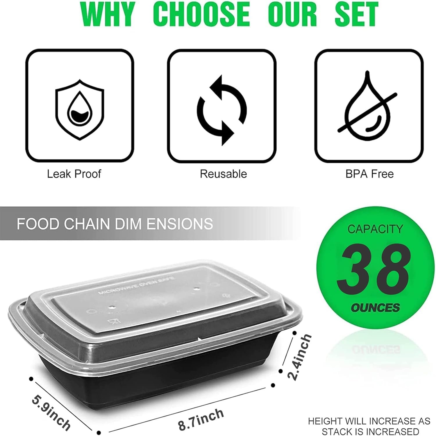 Logo Personalizado para envases de preparación de comidas, 10-pack de contenedores de plástico reutilizables de 38 oz con tapa, aptos para microondas, lavavajillas y congelador, Marca Blanca de contenedores desechables, Proveedor de soluciones de almacenamiento.